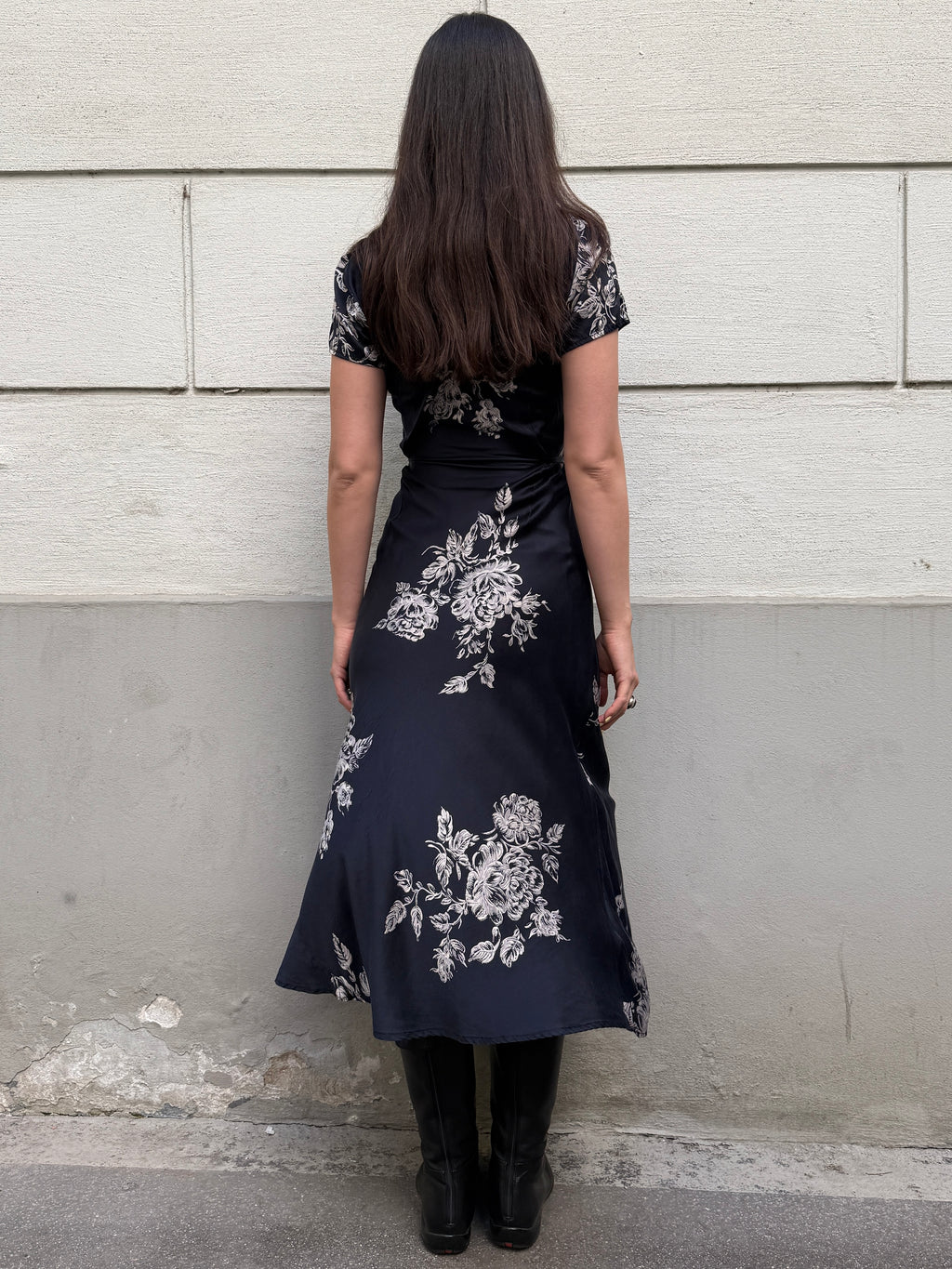 Vintage 100% Silk Floral Midi Dress S