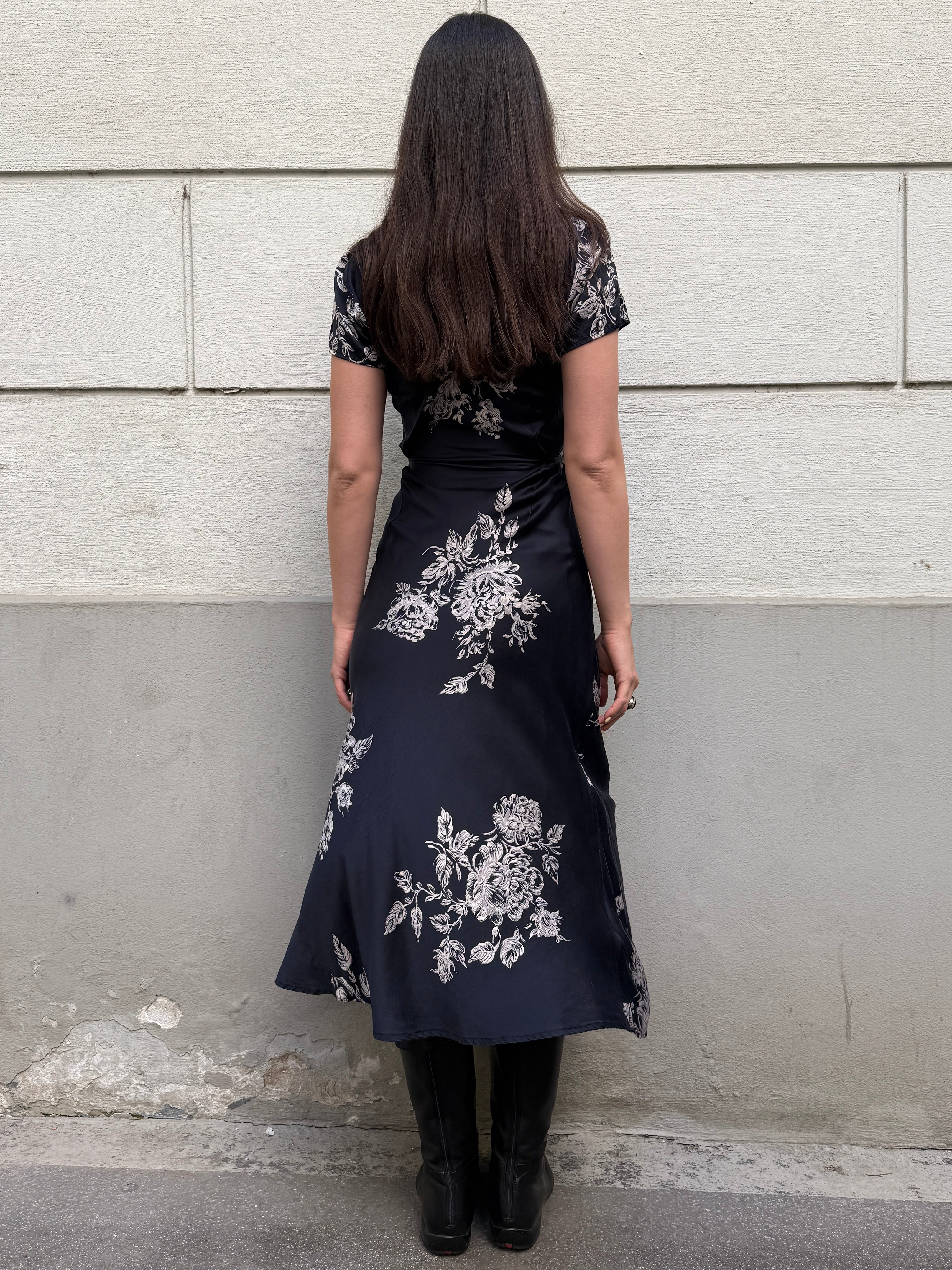 Vintage 100% Silk Floral Midi Dress S