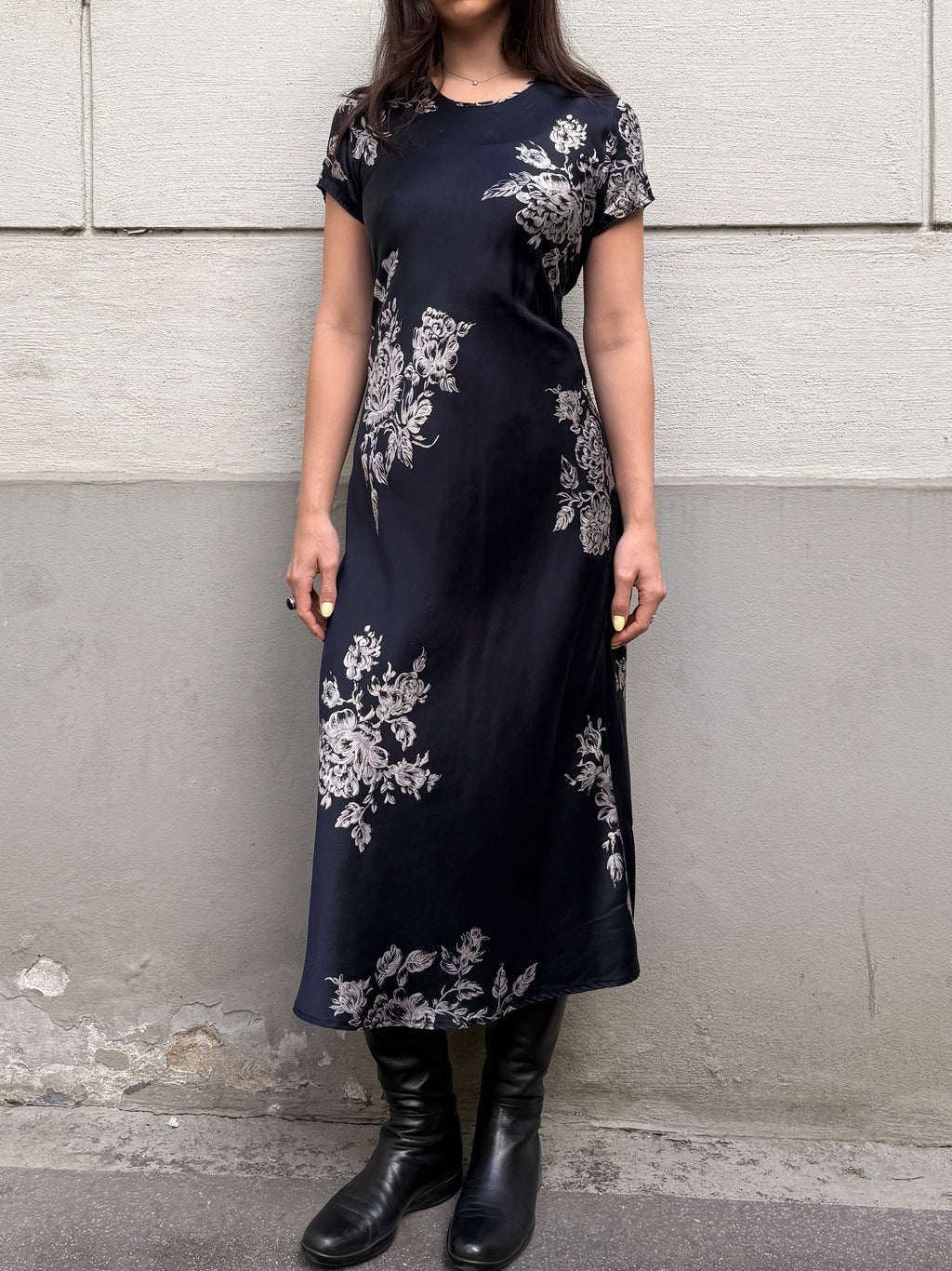 Vintage 100% Silk Floral Midi Dress S