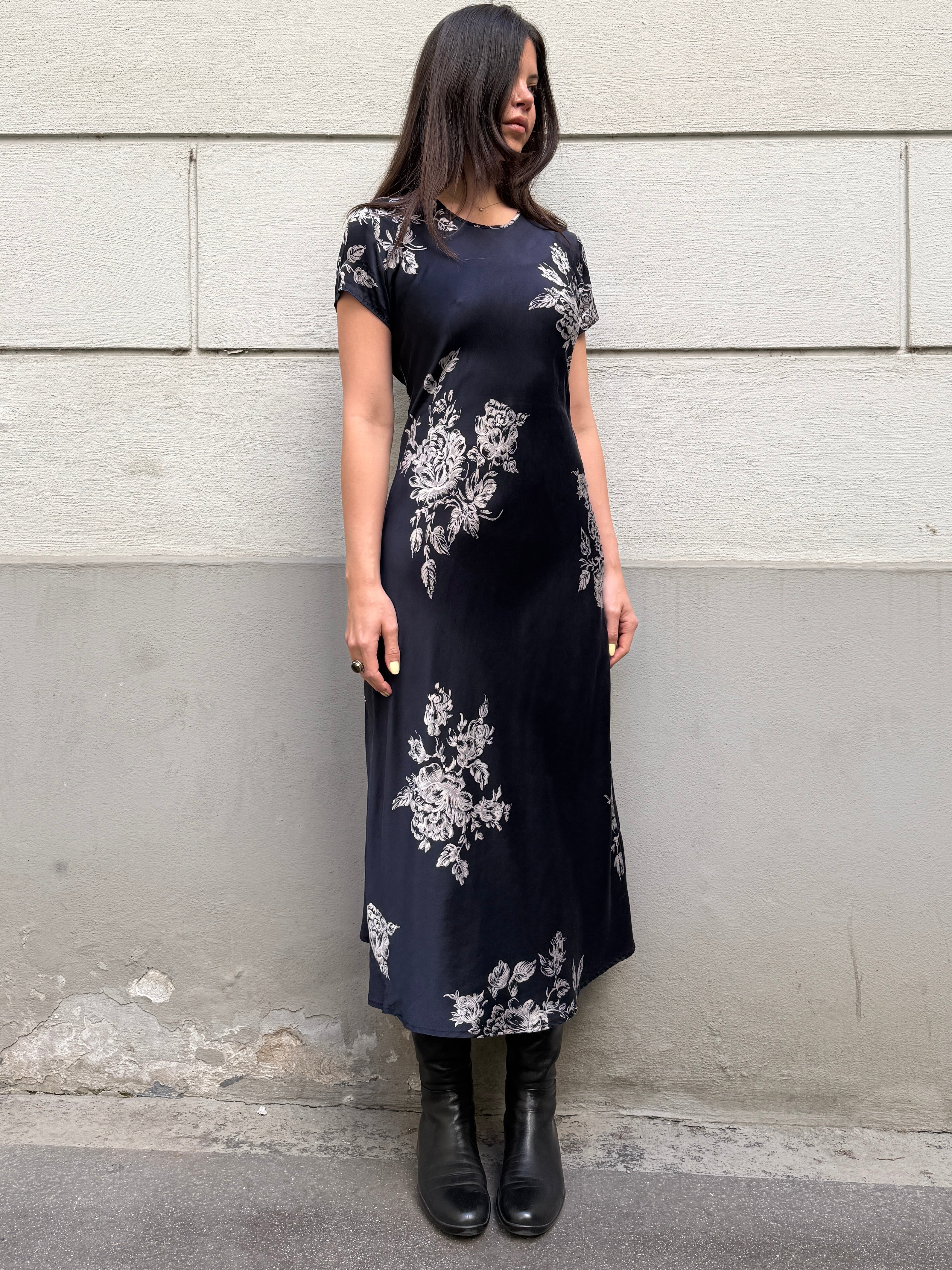 Vintage 100% Silk Floral Midi Dress S