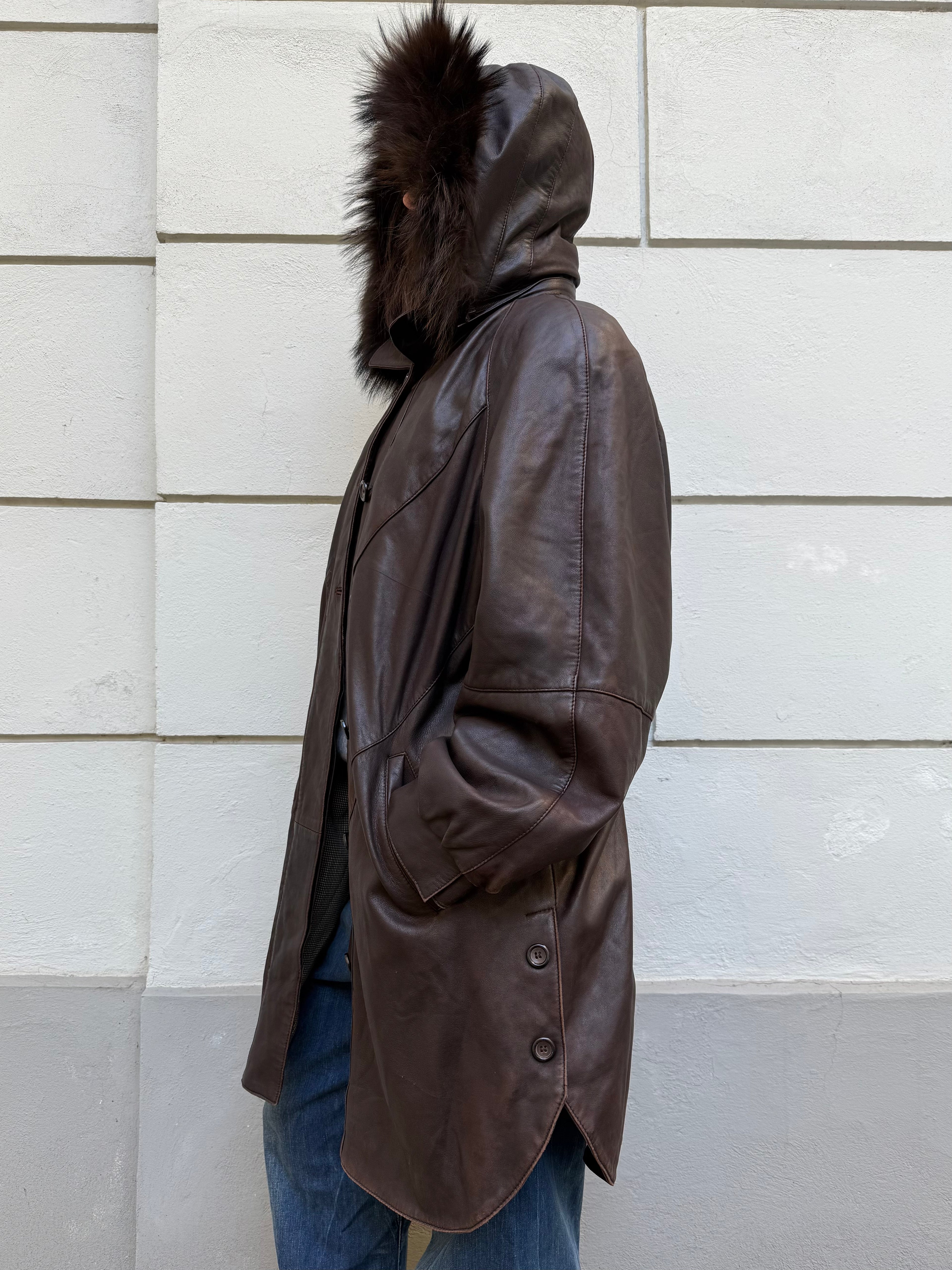 Vintage 100% Real Leather & Fur Trim Brown Parka Coat L