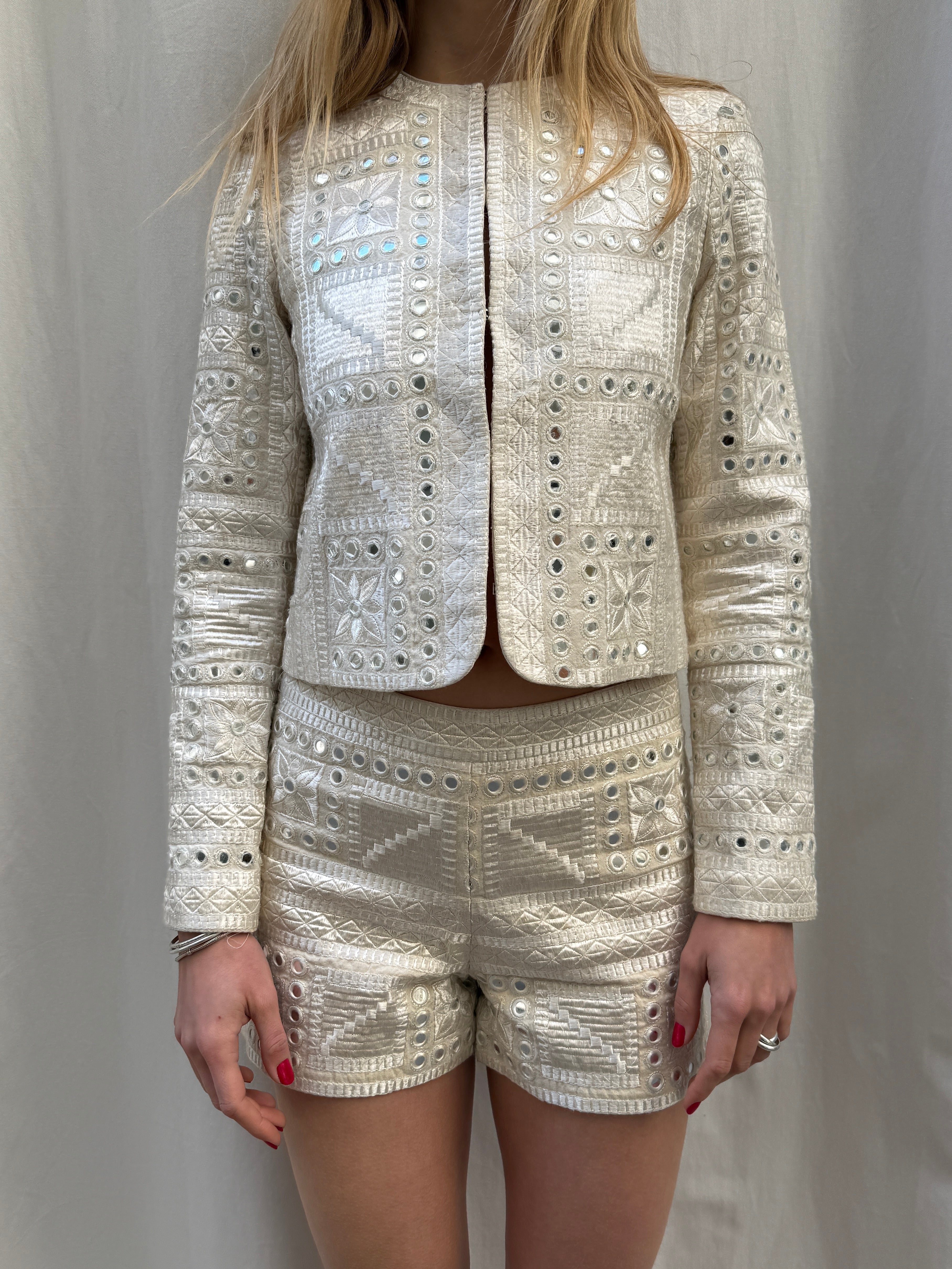 Alice + Olivia Handmade Cream Mirror Embroidered Jacket + Shorts Set XS/S