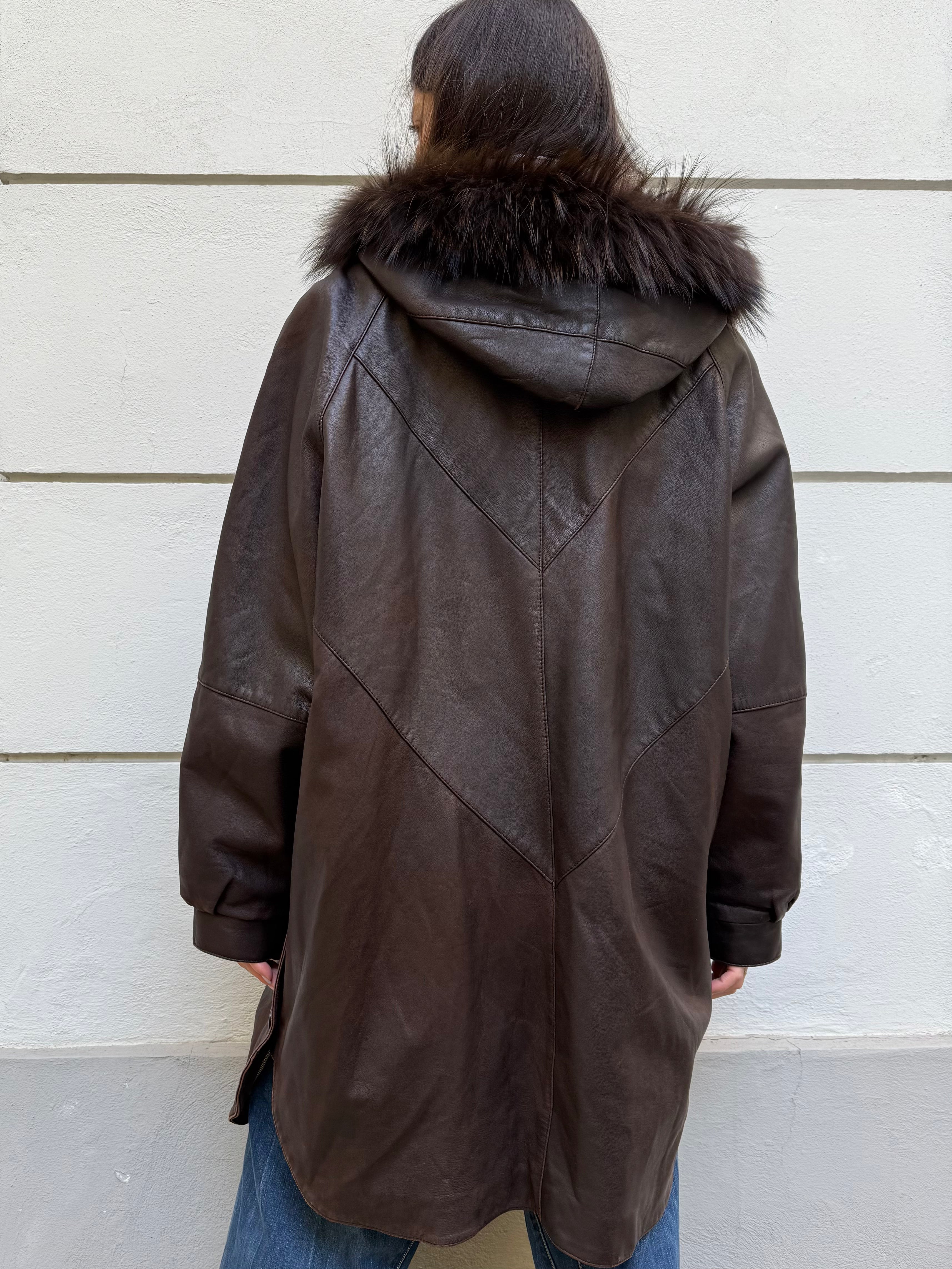 Vintage 100% Real Leather & Fur Trim Brown Parka Coat L