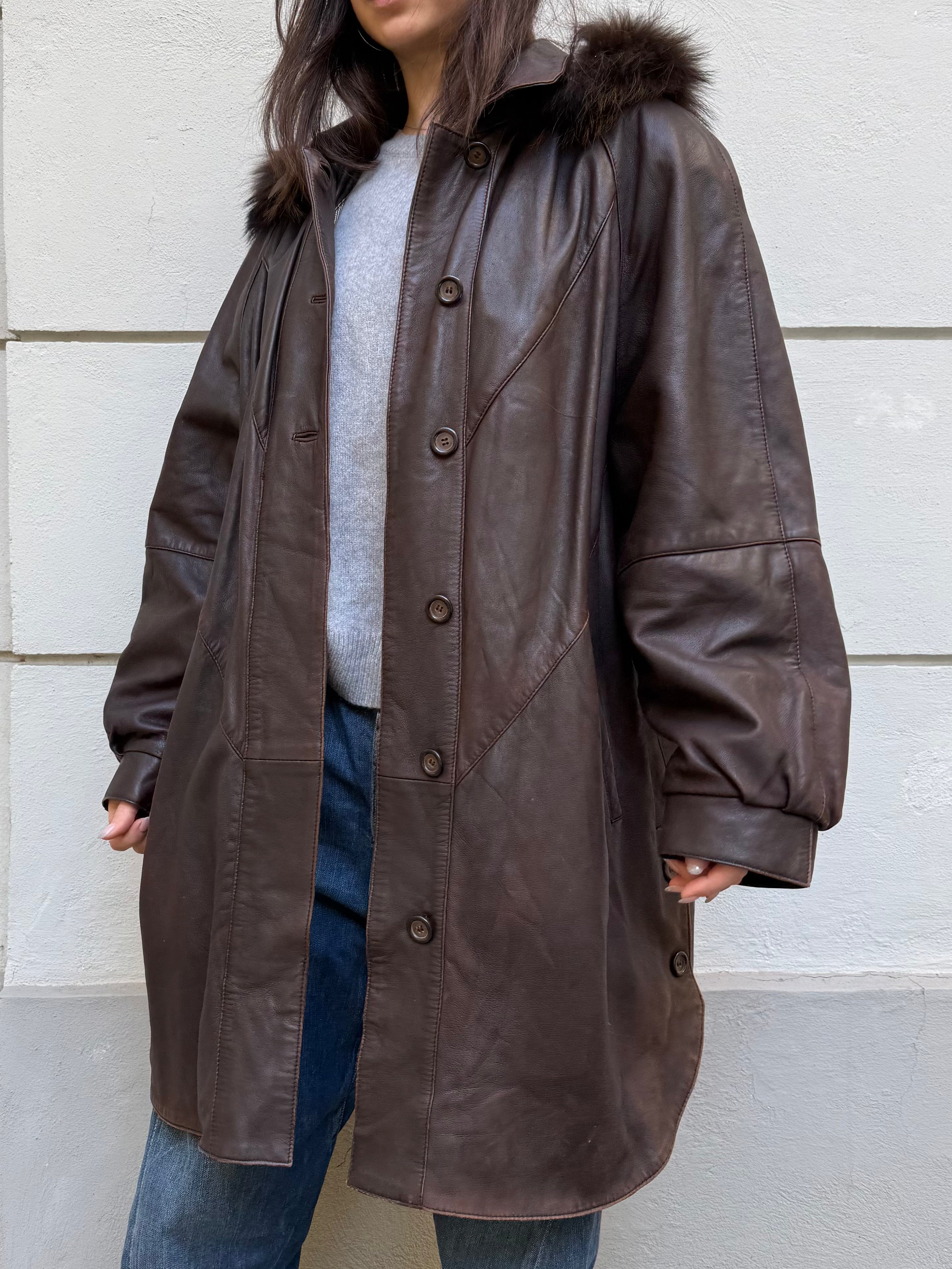 Vintage 100% Real Leather & Fur Trim Brown Parka Coat L