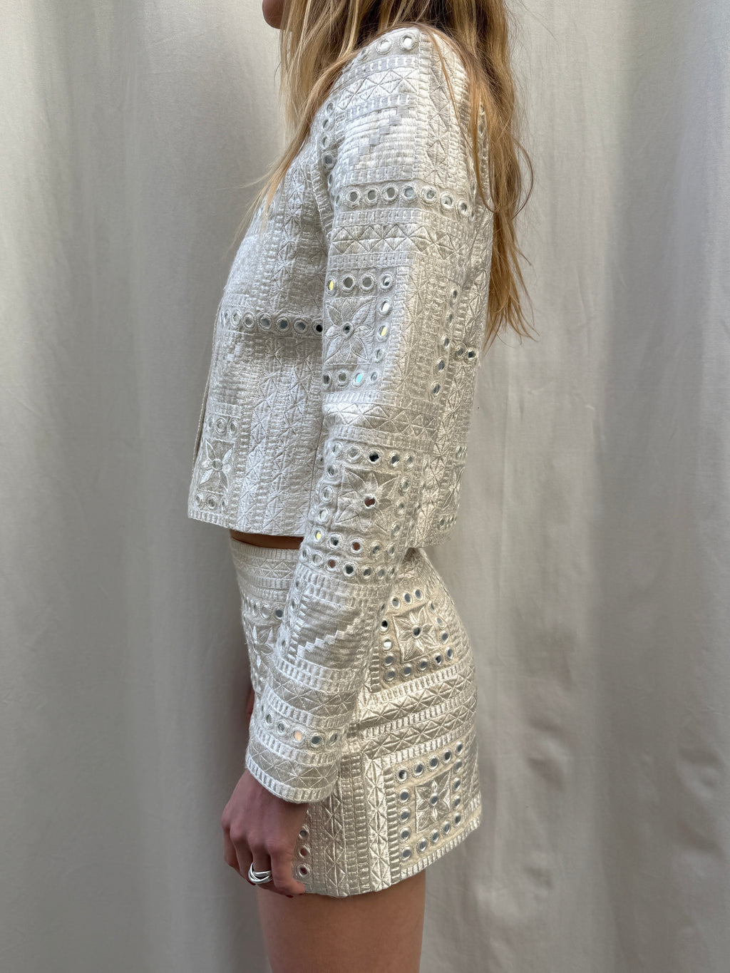 Alice + Olivia Handmade Cream Mirror Embroidered Jacket + Shorts Set XS/S