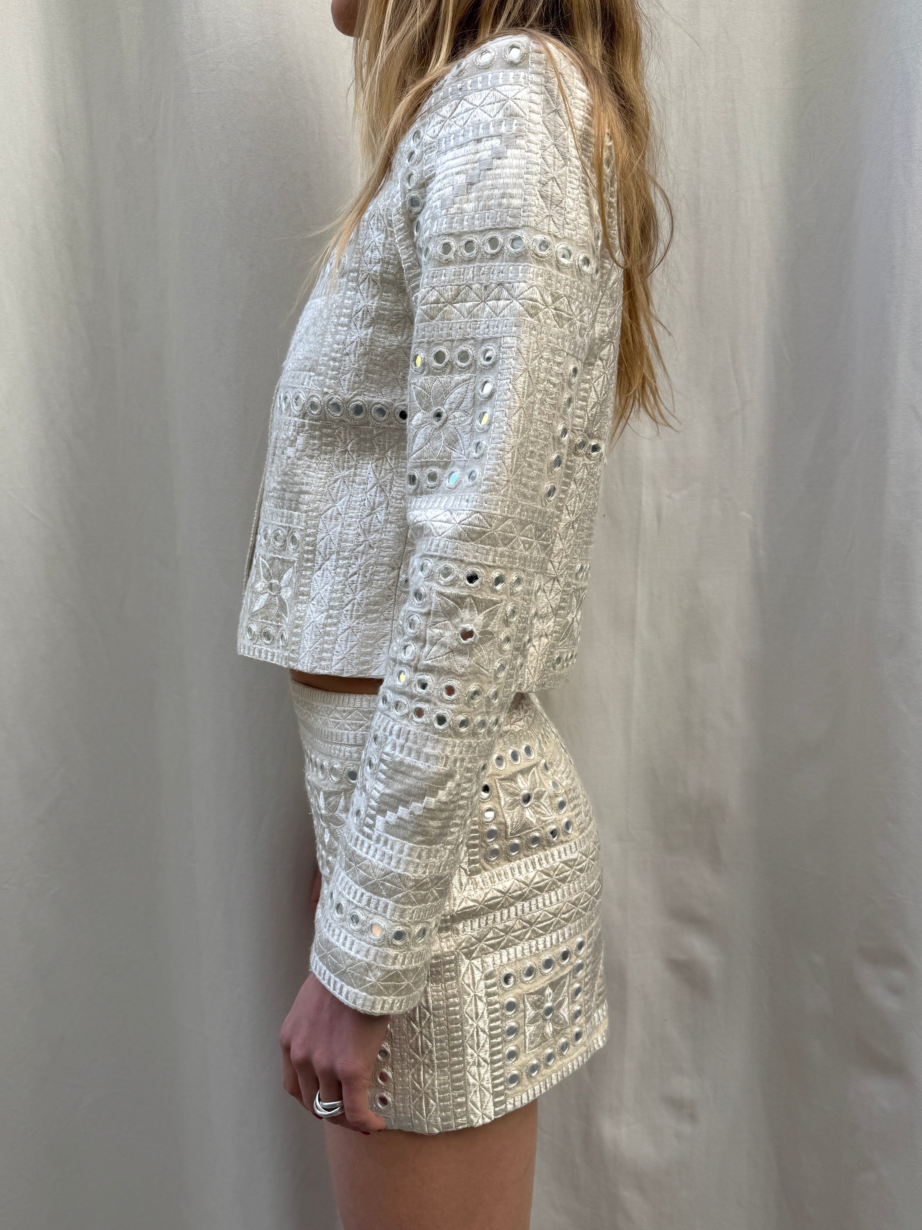 Alice + Olivia Handmade Cream Mirror Embroidered Jacket + Shorts Set XS/S