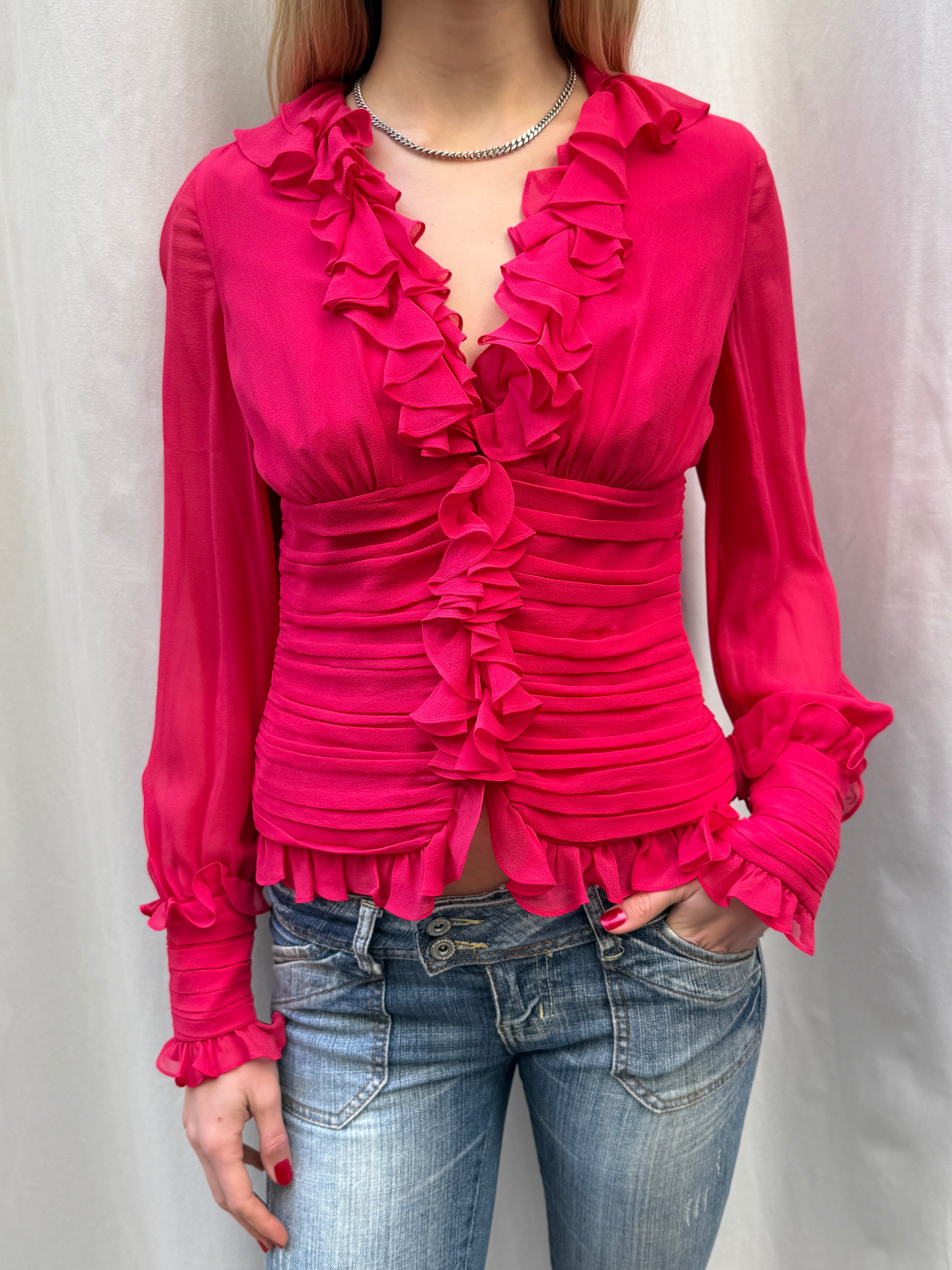 Luisa Spagnoli Pink 100% Silk Ruffle Ruched Long Sleeve Blouse S