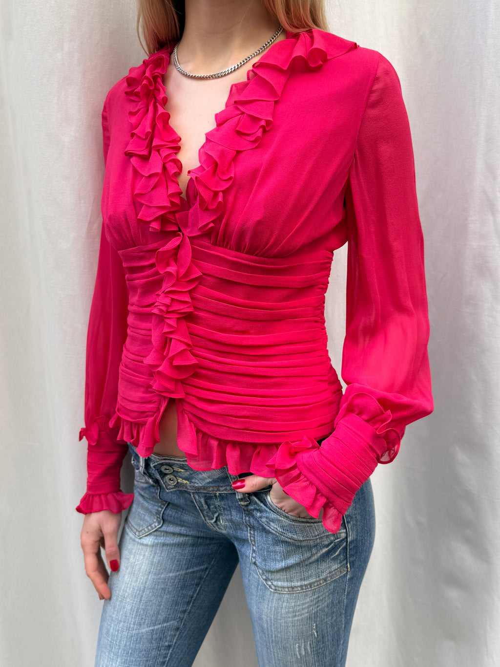 Luisa Spagnoli Pink 100% Silk Ruffle Ruched Long Sleeve Blouse S