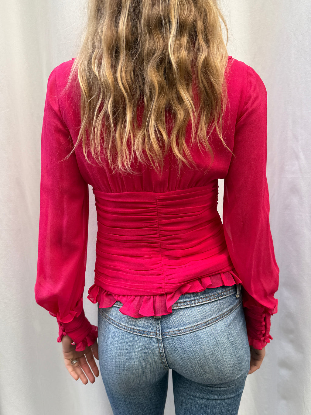 Luisa Spagnoli Pink 100% Silk Ruffle Ruched Long Sleeve Blouse S
