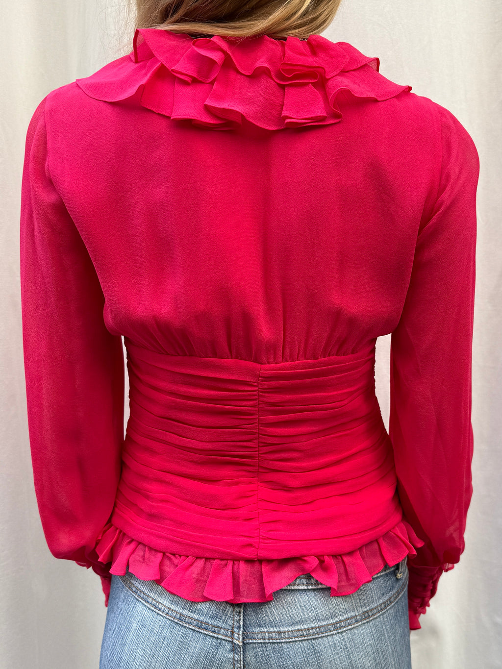 Luisa Spagnoli Pink 100% Silk Ruffle Ruched Long Sleeve Blouse S