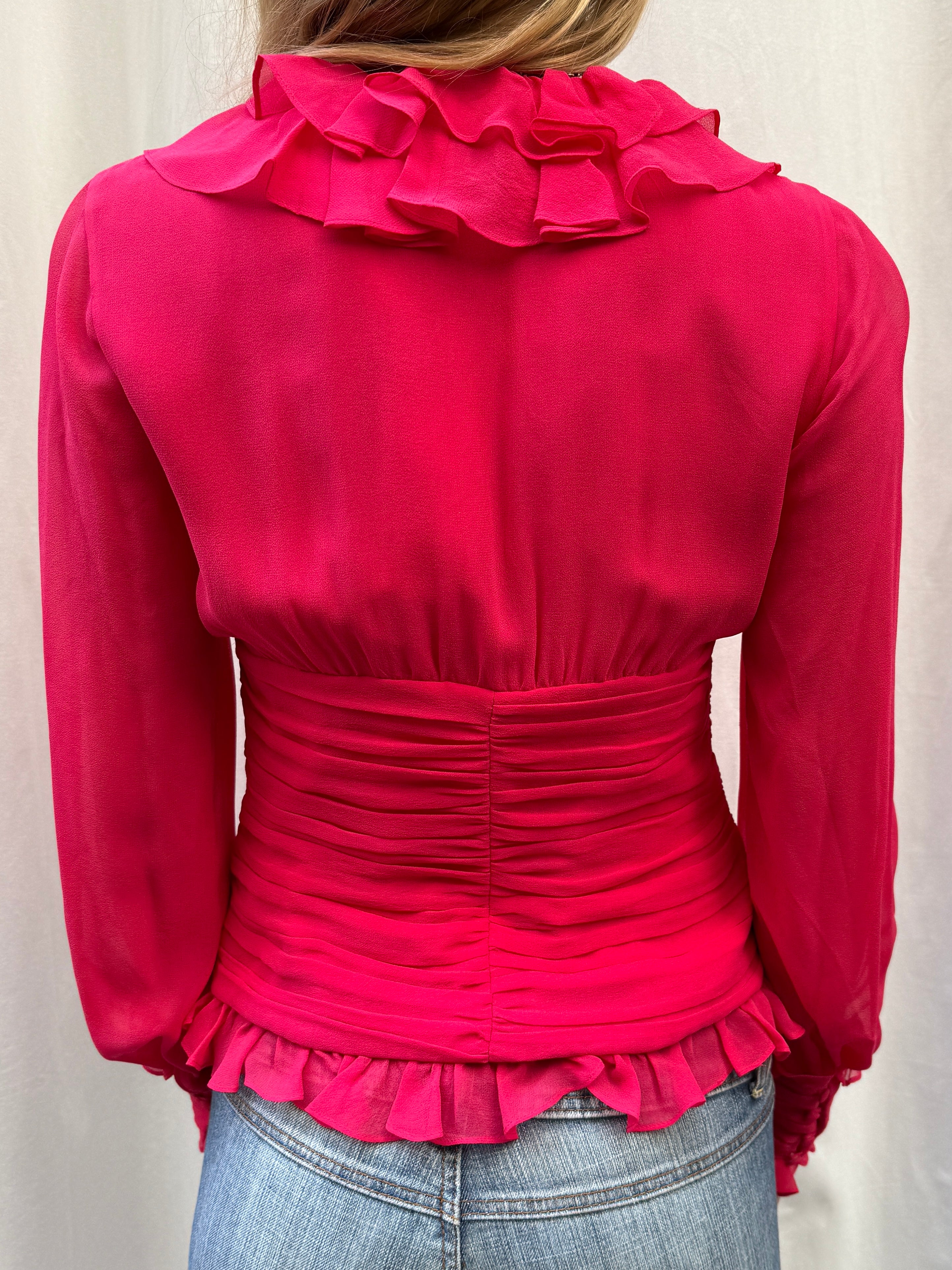 Luisa Spagnoli Pink 100% Silk Ruffle Ruched Long Sleeve Blouse S