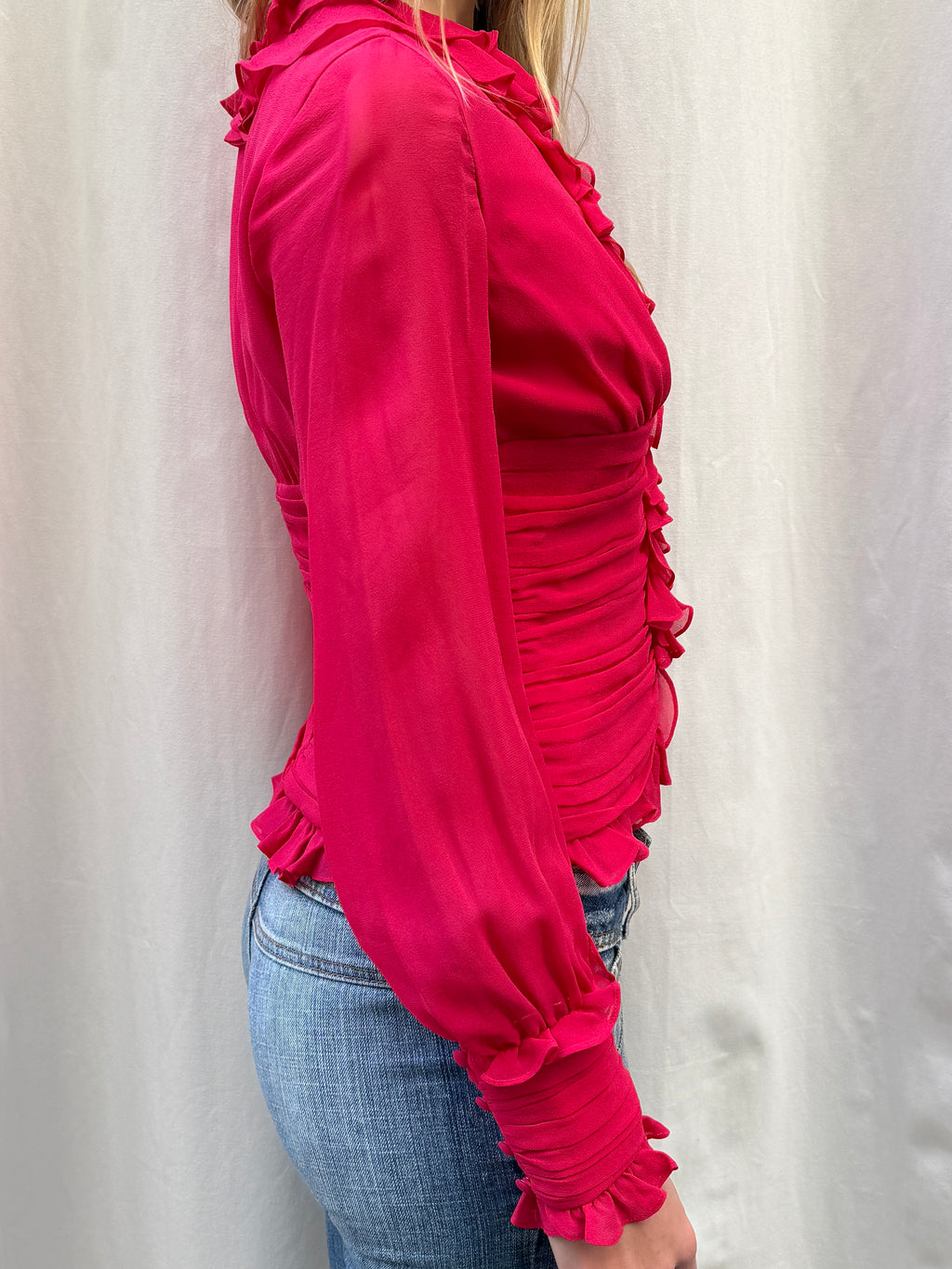 Luisa Spagnoli Pink 100% Silk Ruffle Ruched Long Sleeve Blouse S