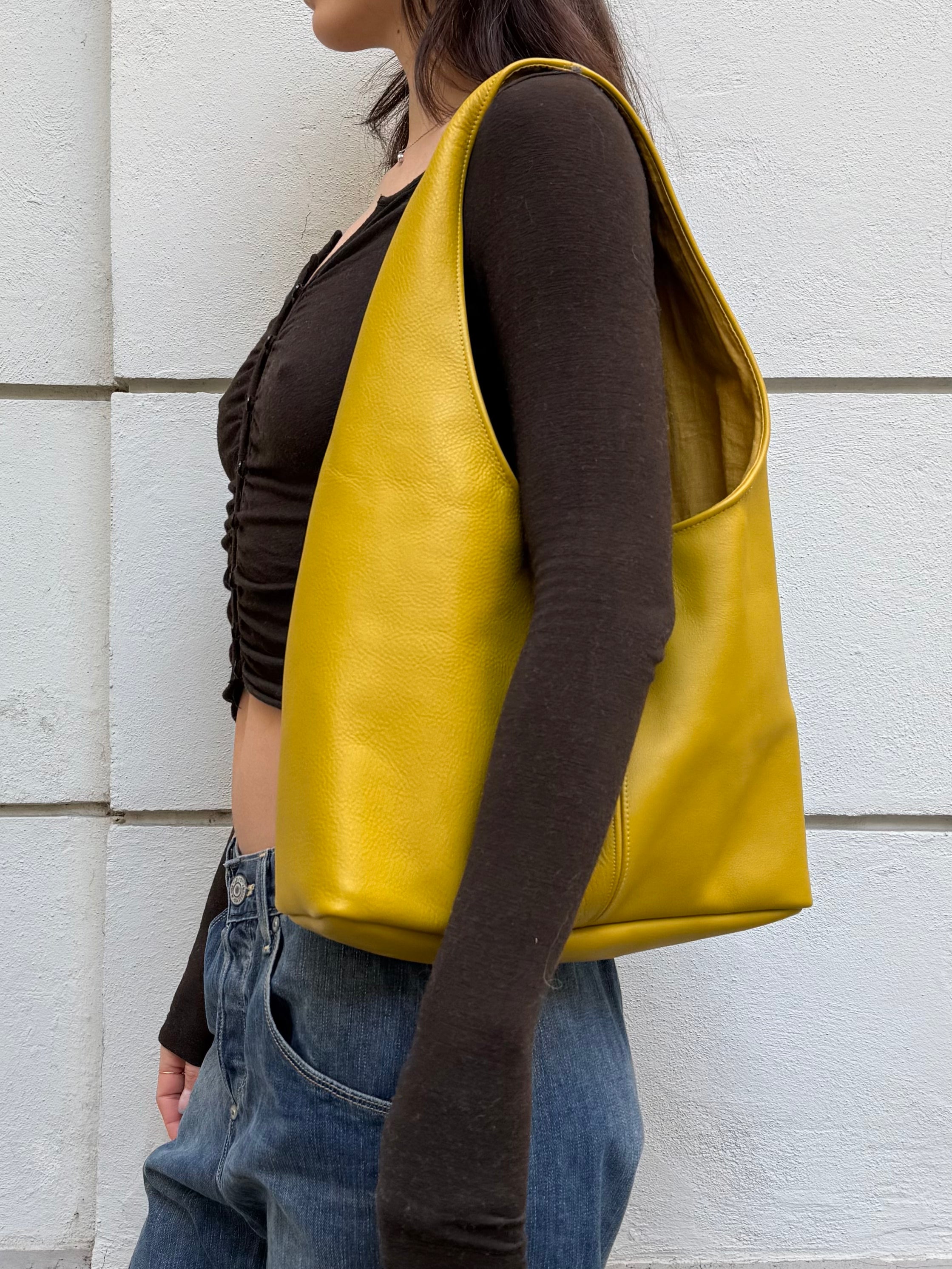 Real Leather Mustard Yellow Everyday Hobo Bag M