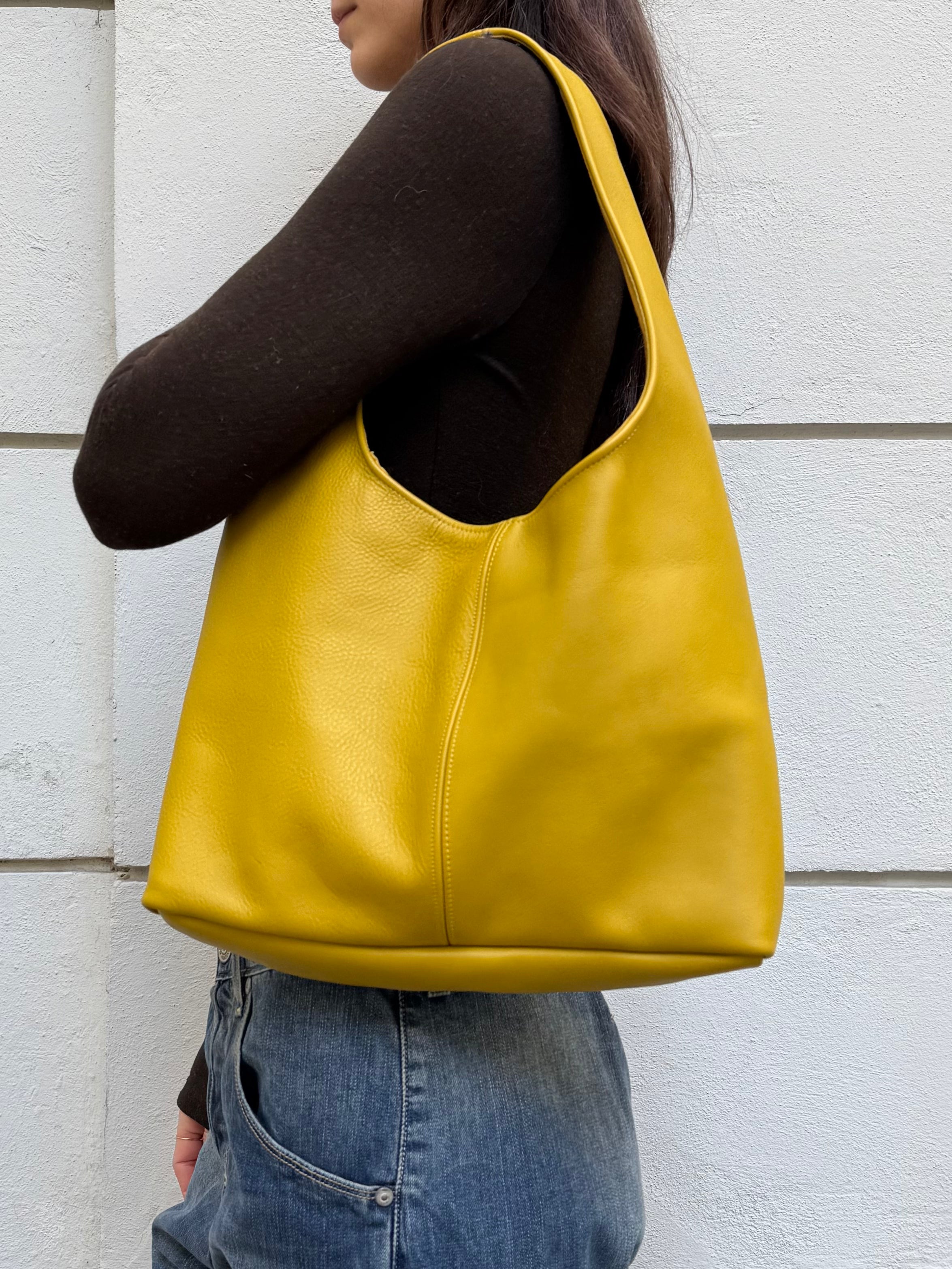 Real Leather Mustard Yellow Everyday Hobo Bag M