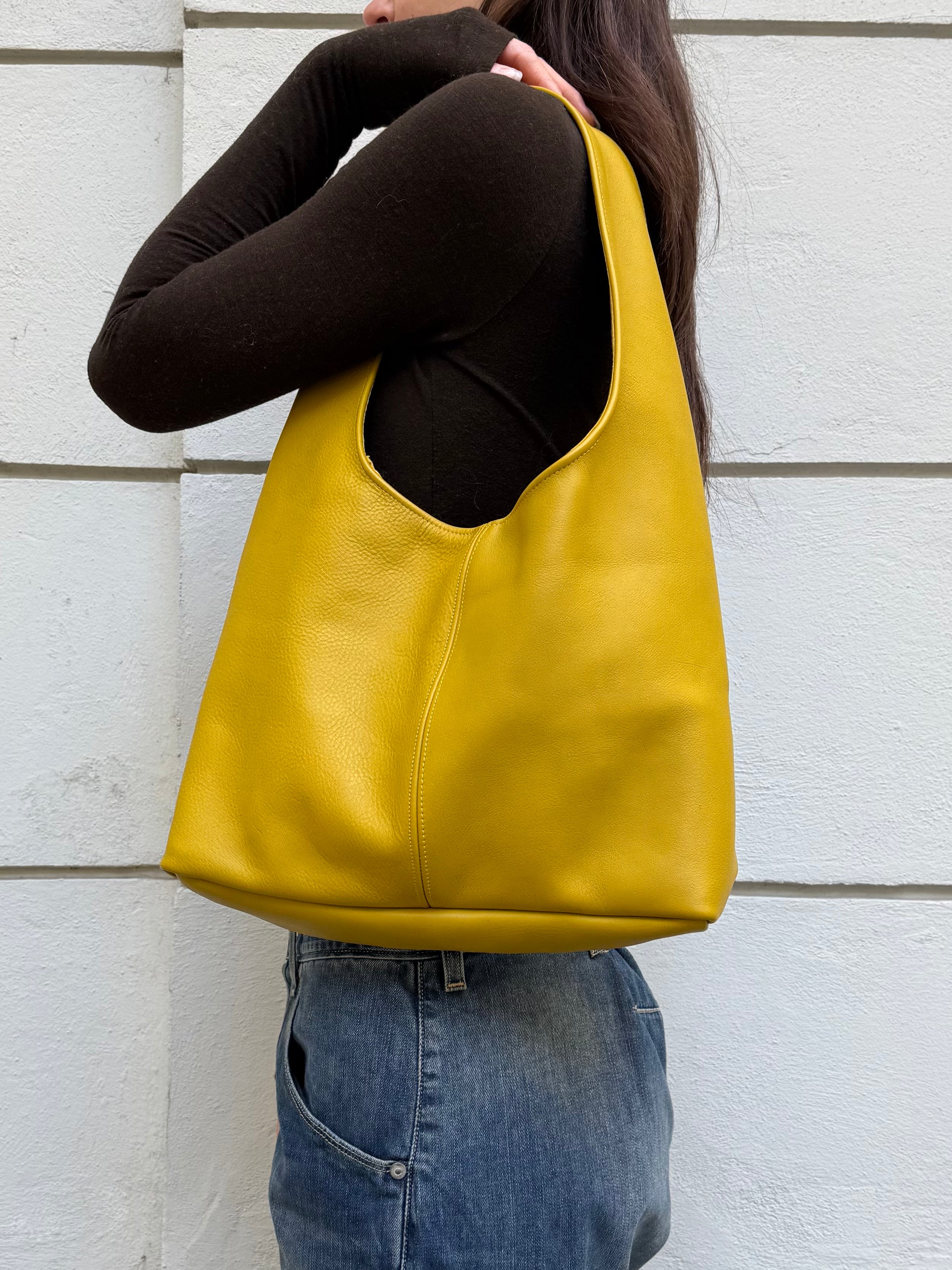 Real Leather Mustard Yellow Everyday Hobo Bag M
