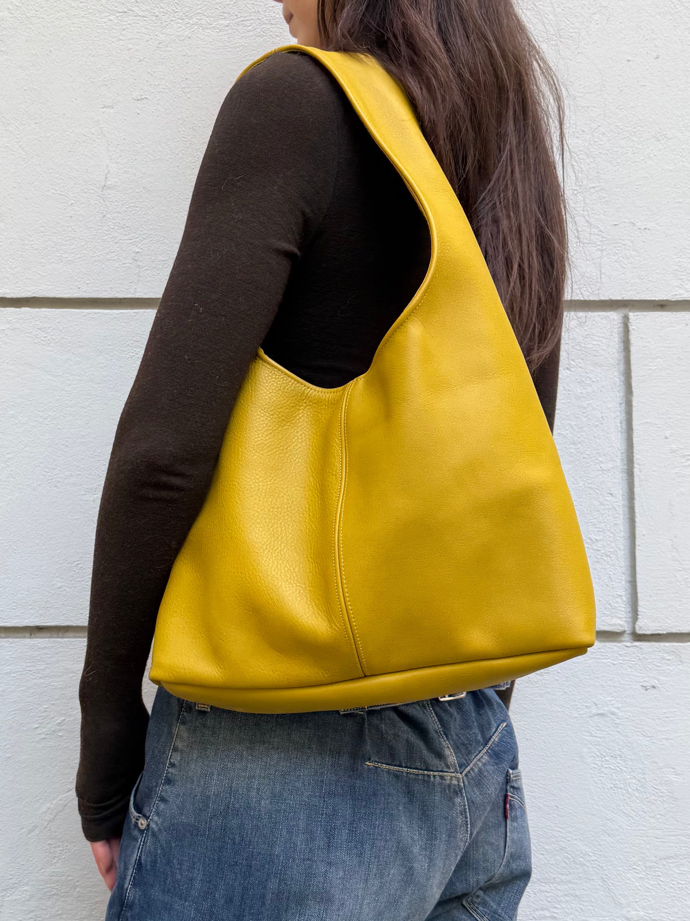 Real Leather Mustard Yellow Everyday Hobo Bag M