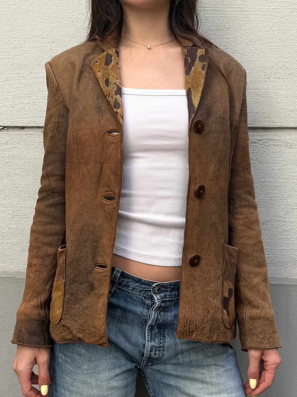 Vintage 100% Genuine Leather Cowhide/Pony Hair Patch Jacket S