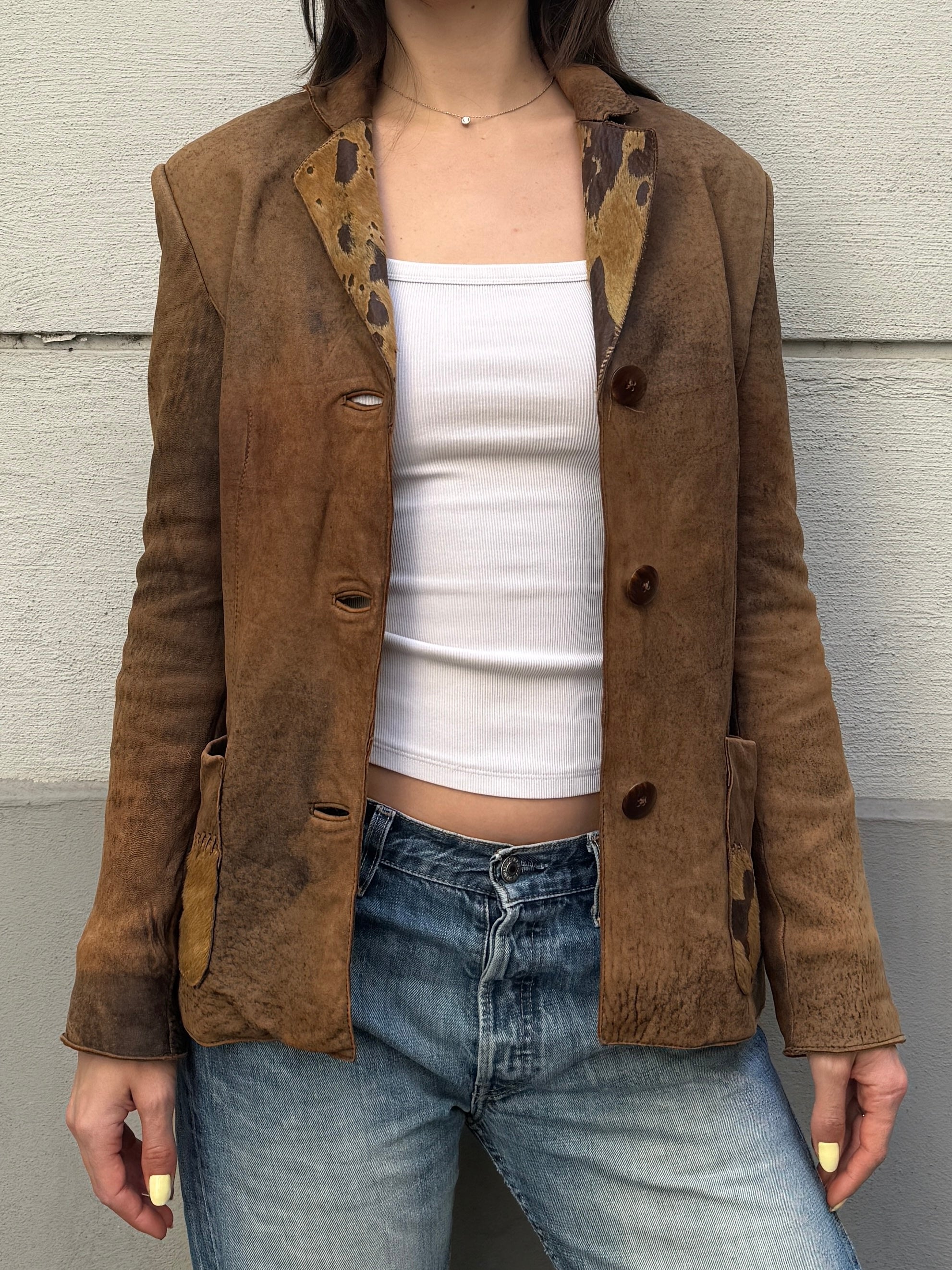 Vintage 100% Genuine Leather Cowhide/Pony Hair Patch Jacket S