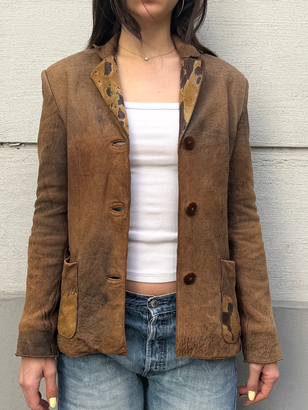 Vintage 100% Genuine Leather Cowhide/Pony Hair Patch Jacket S