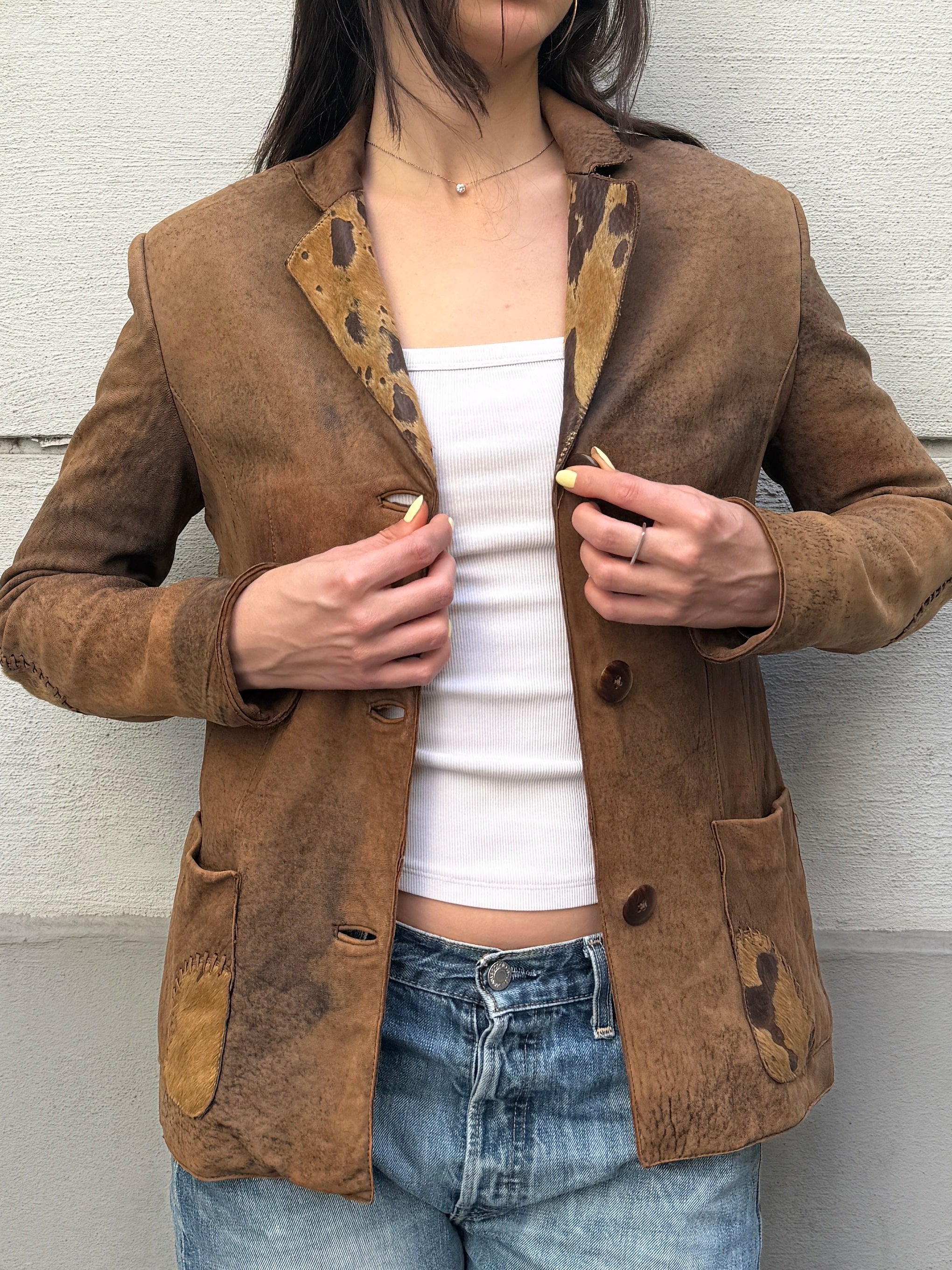 Vintage 100% Genuine Leather Cowhide/Pony Hair Patch Jacket S