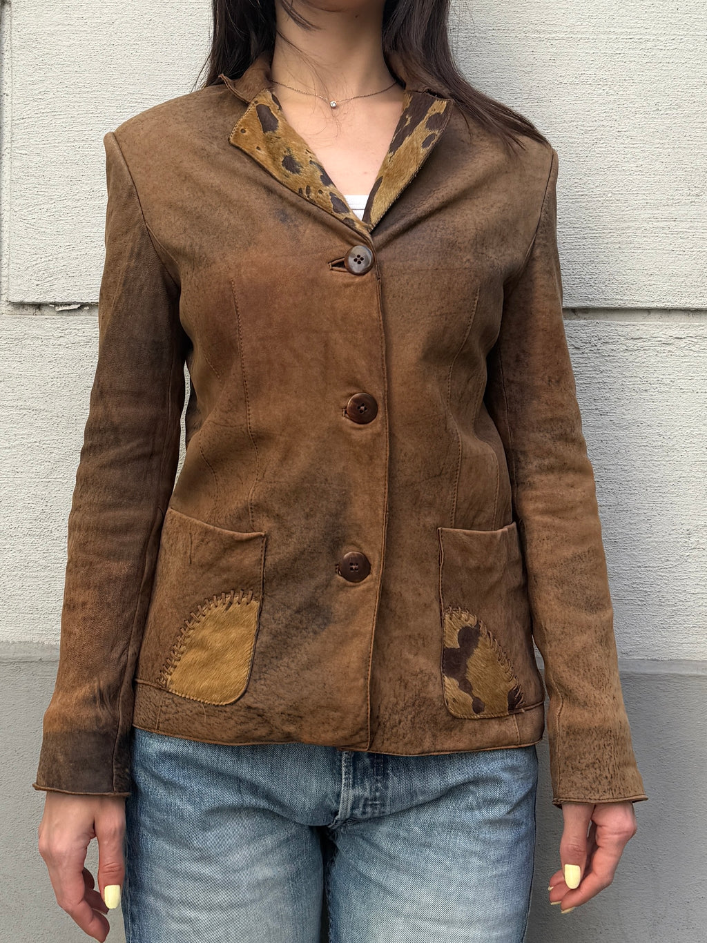 Vintage 100% Genuine Leather Cowhide/Pony Hair Patch Jacket S