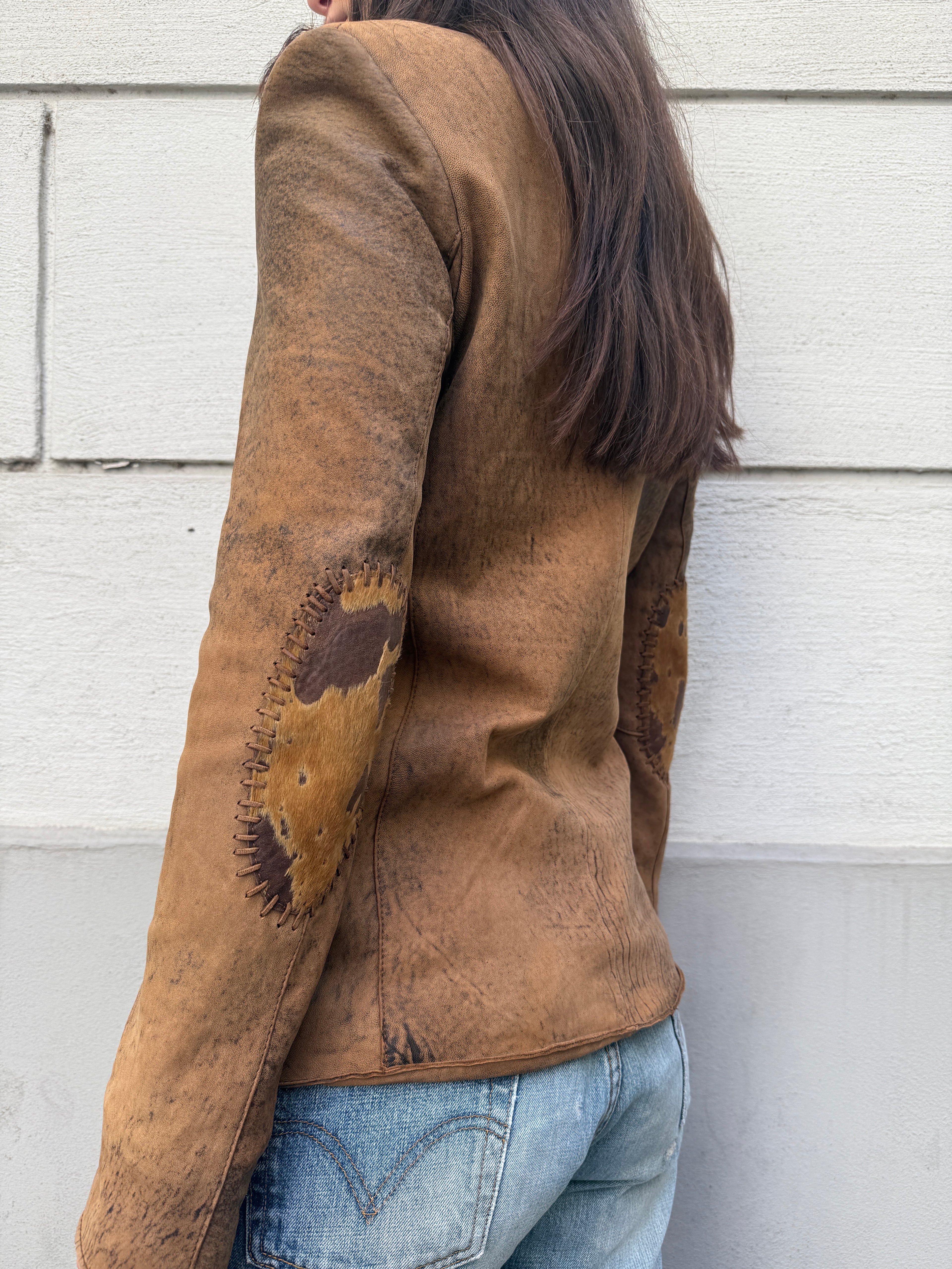 Vintage 100% Genuine Leather Cowhide/Pony Hair Patch Jacket S