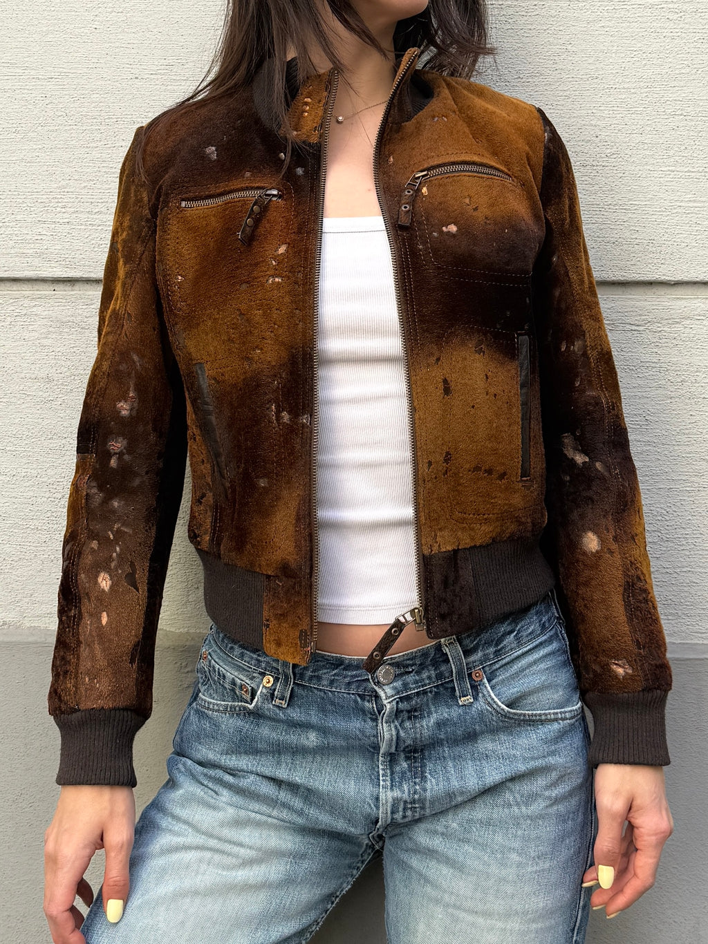 Vintage 100% Genuine Leather Pony Hair Cowhide Bomber Jacket S/M