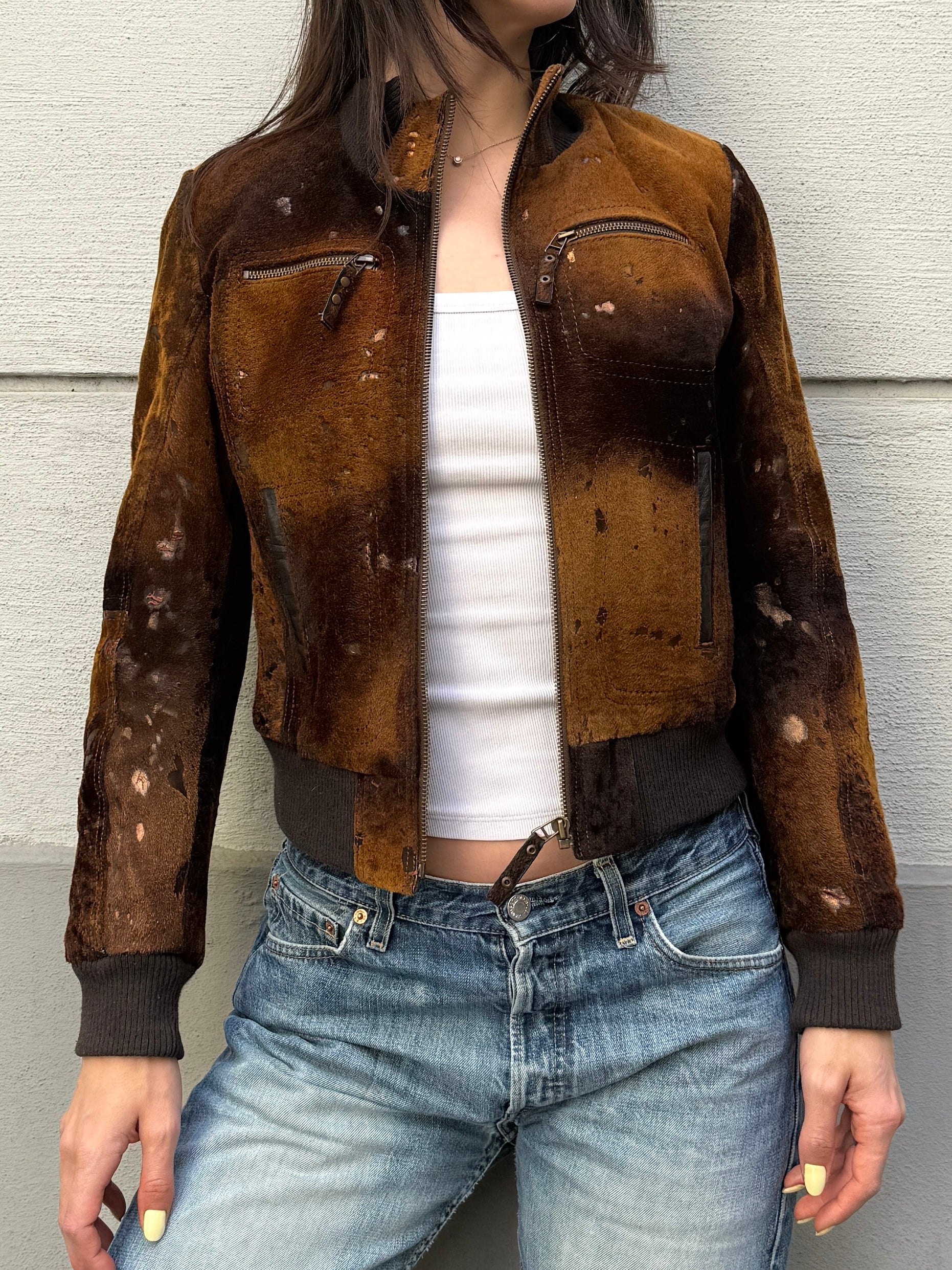 Vintage 100% Genuine Leather Pony Hair Cowhide Bomber Jacket S/M