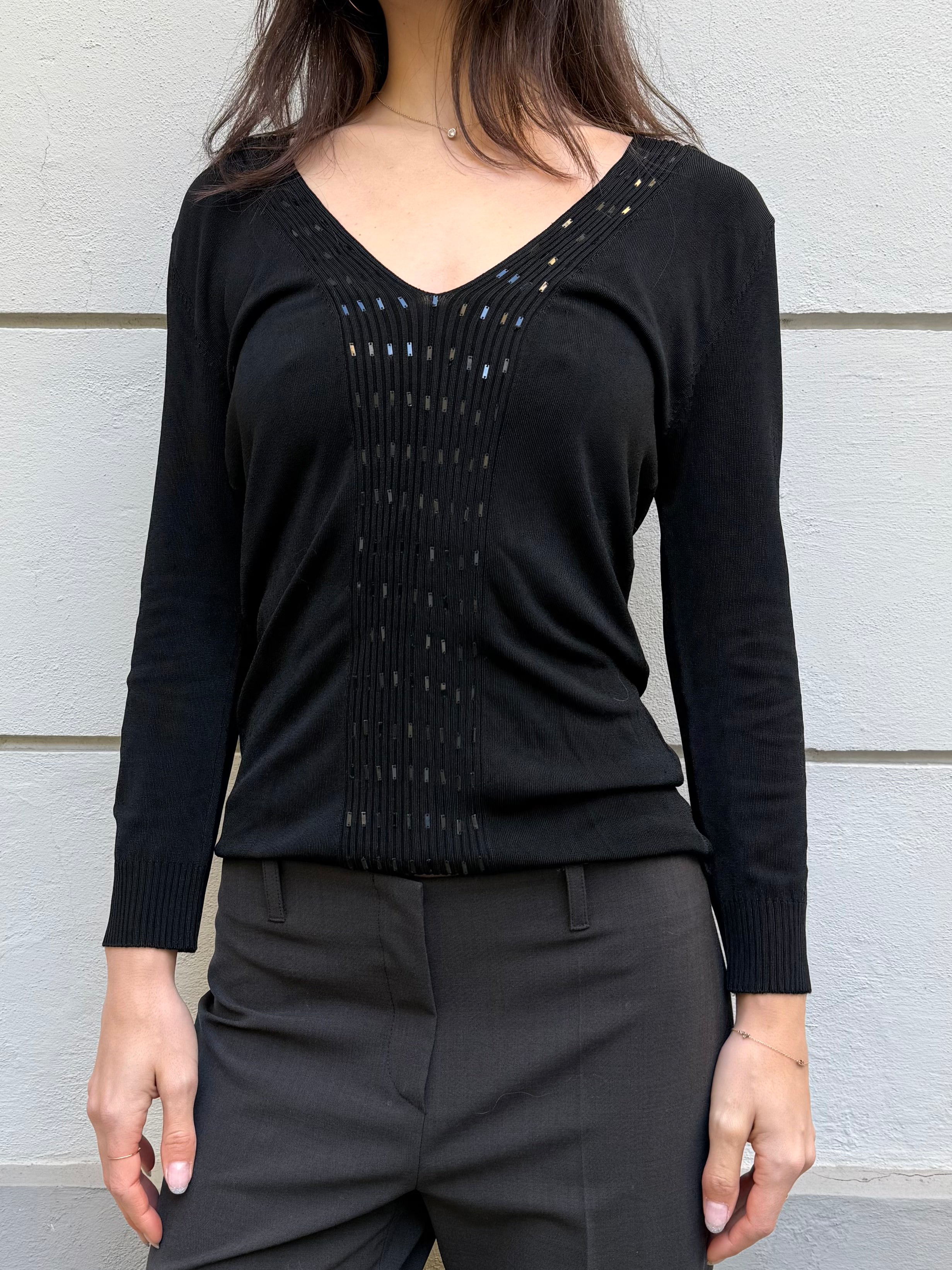 Vintage Black Sequin V-Neck Long Sleeve Top M