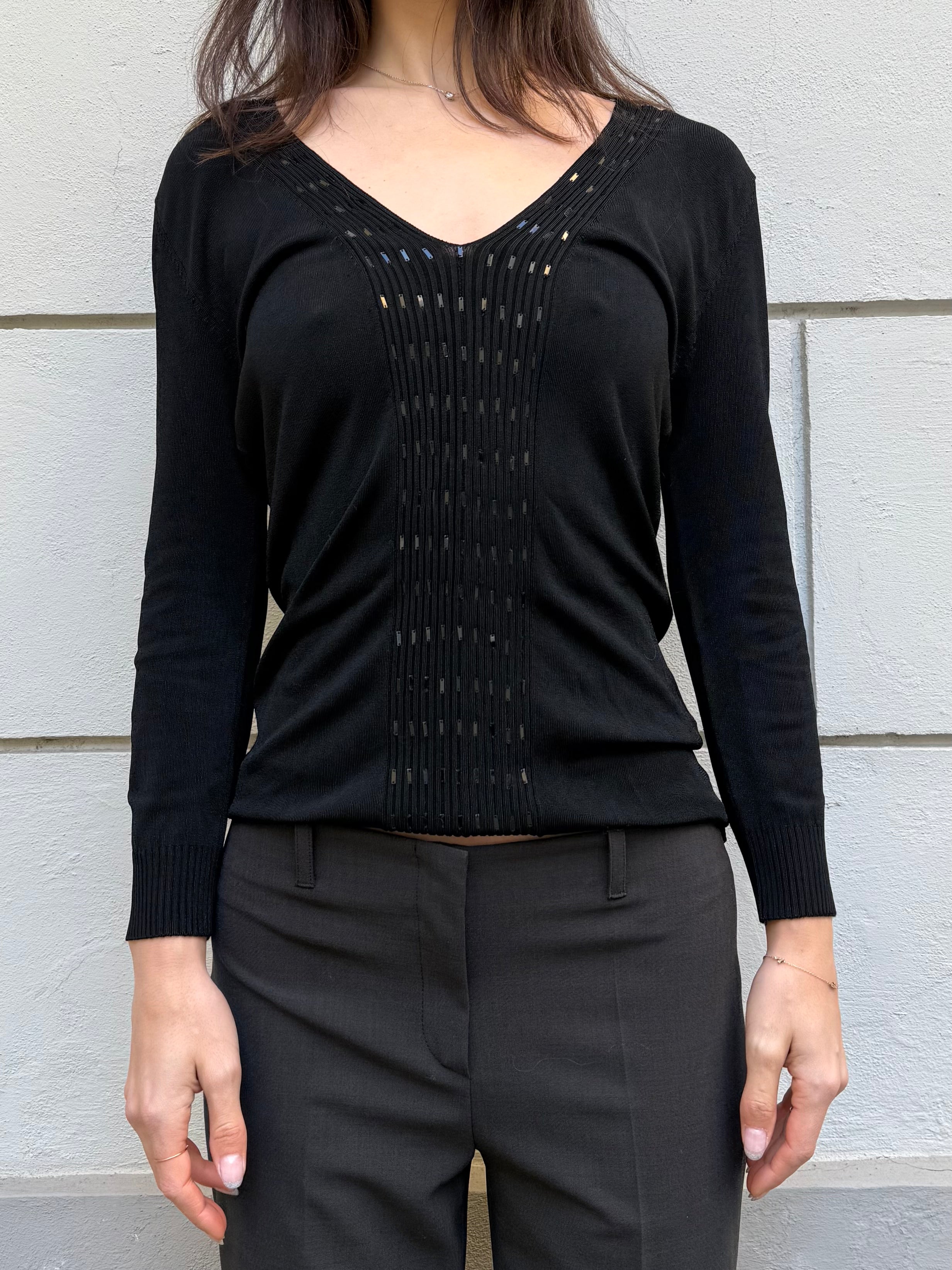 Vintage Black Sequin V-Neck Long Sleeve Top M