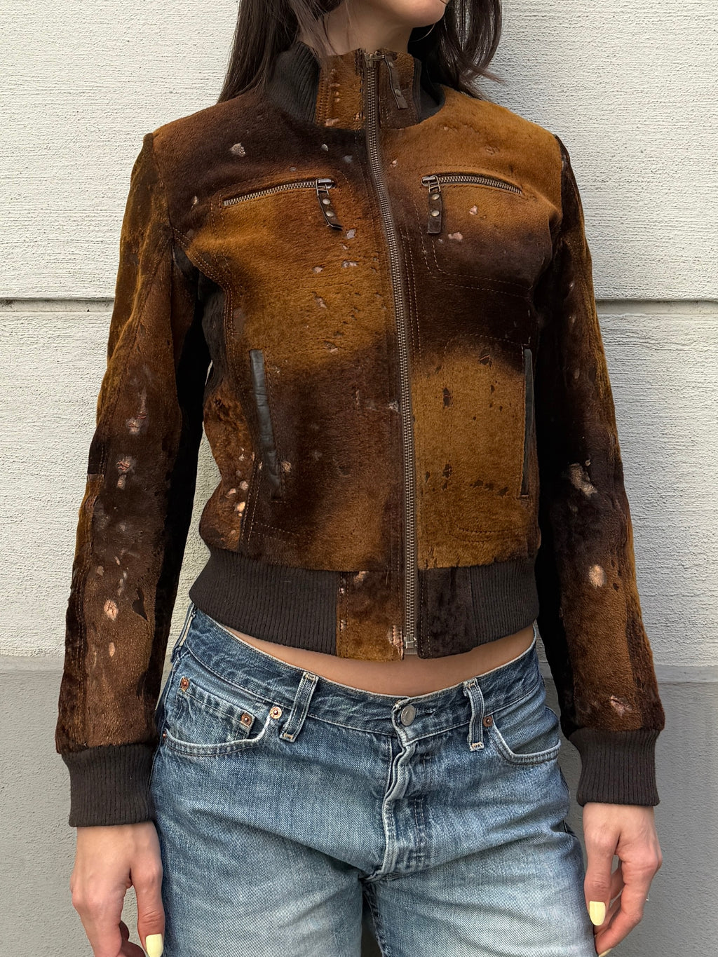Vintage 100% Genuine Leather Pony Hair Cowhide Bomber Jacket S/M