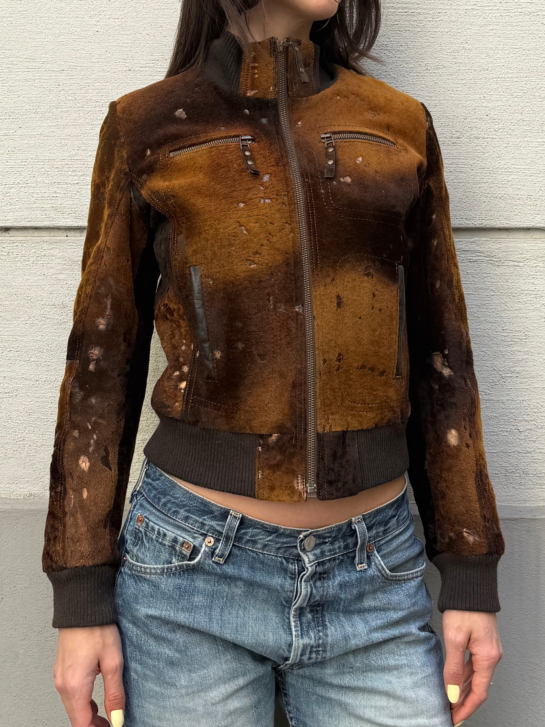Vintage 100% Genuine Leather Pony Hair Cowhide Bomber Jacket S/M