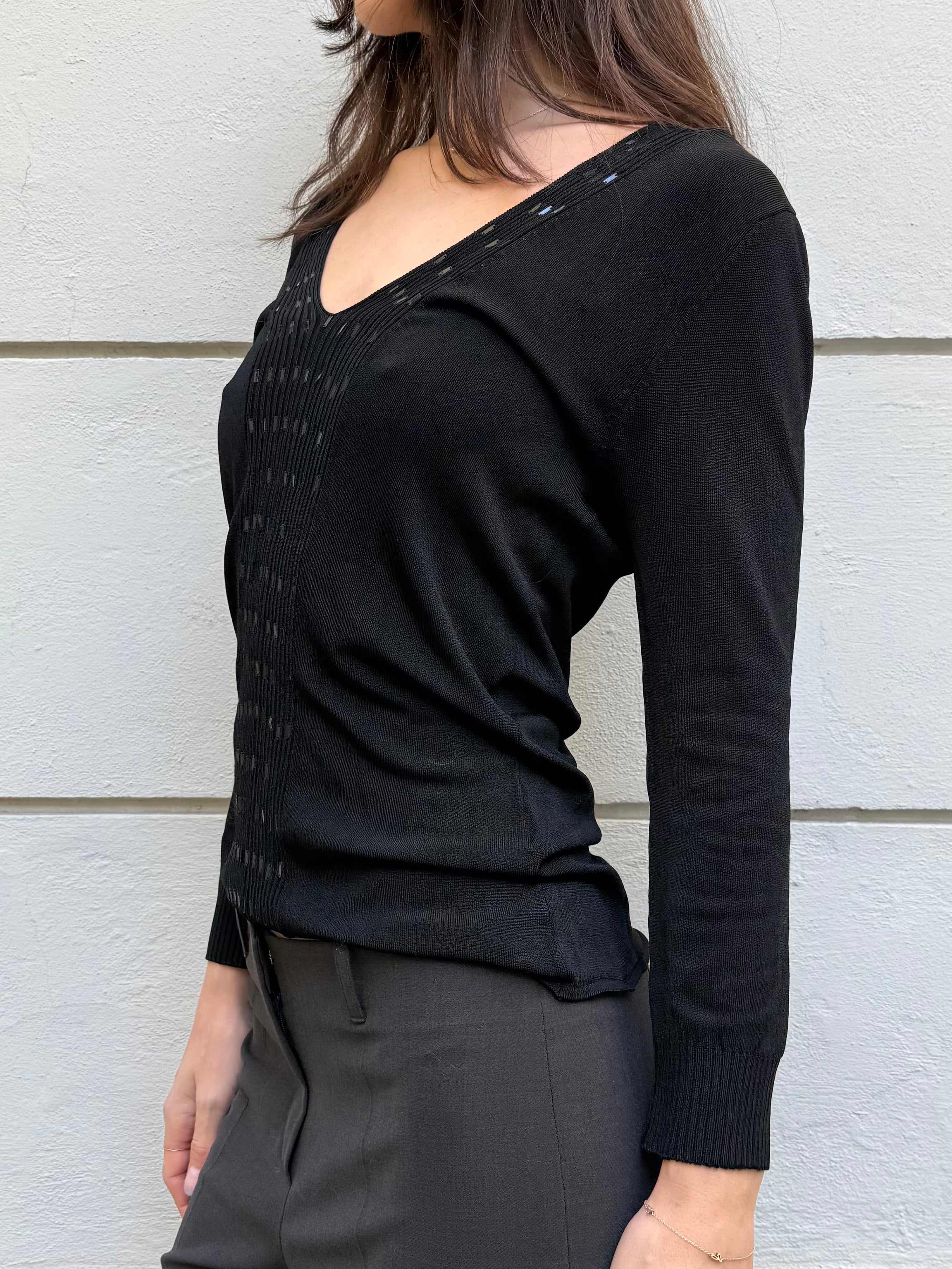 Vintage Black Sequin V-Neck Long Sleeve Top M