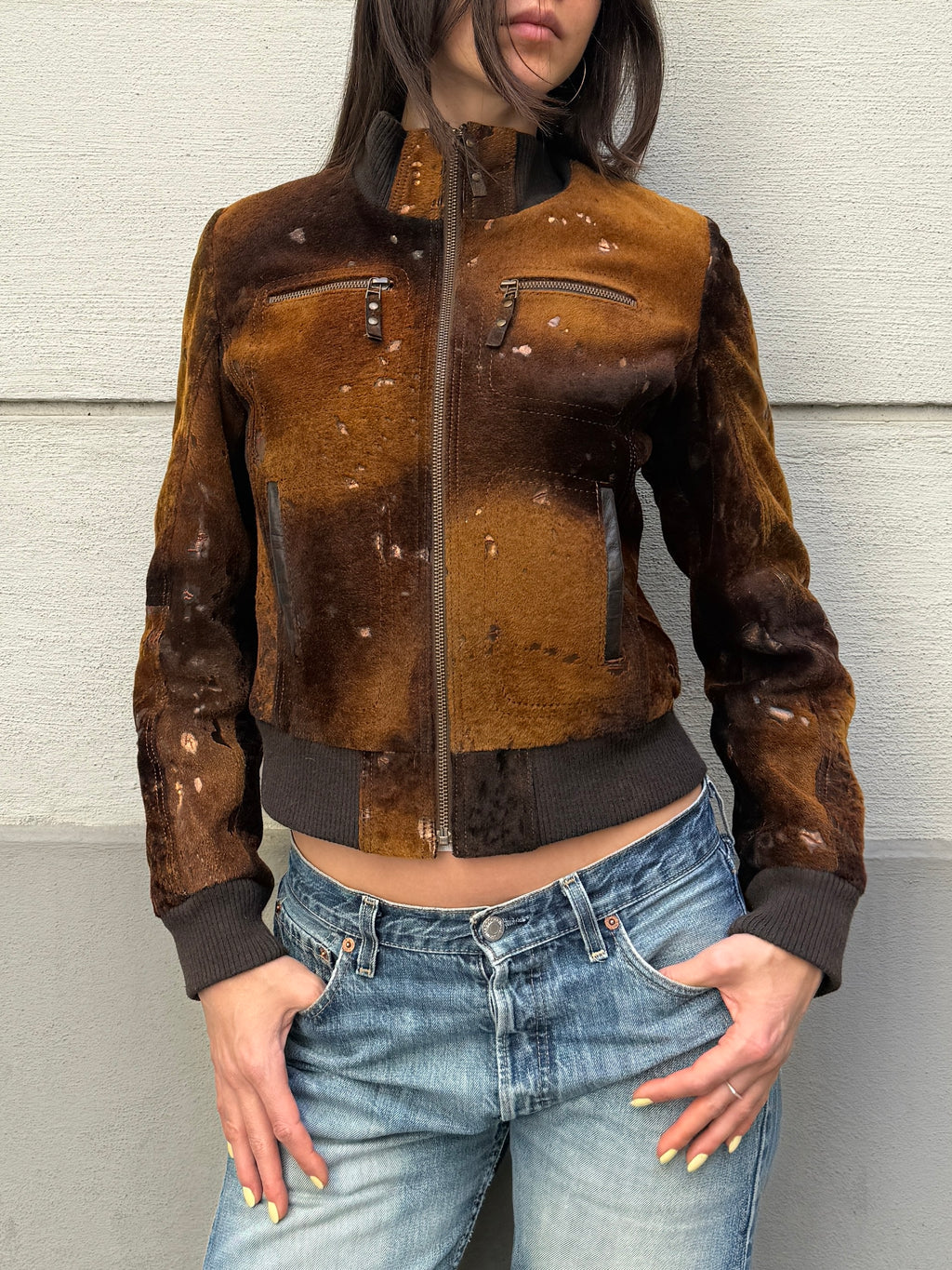 Vintage 100% Genuine Leather Pony Hair Cowhide Bomber Jacket S/M