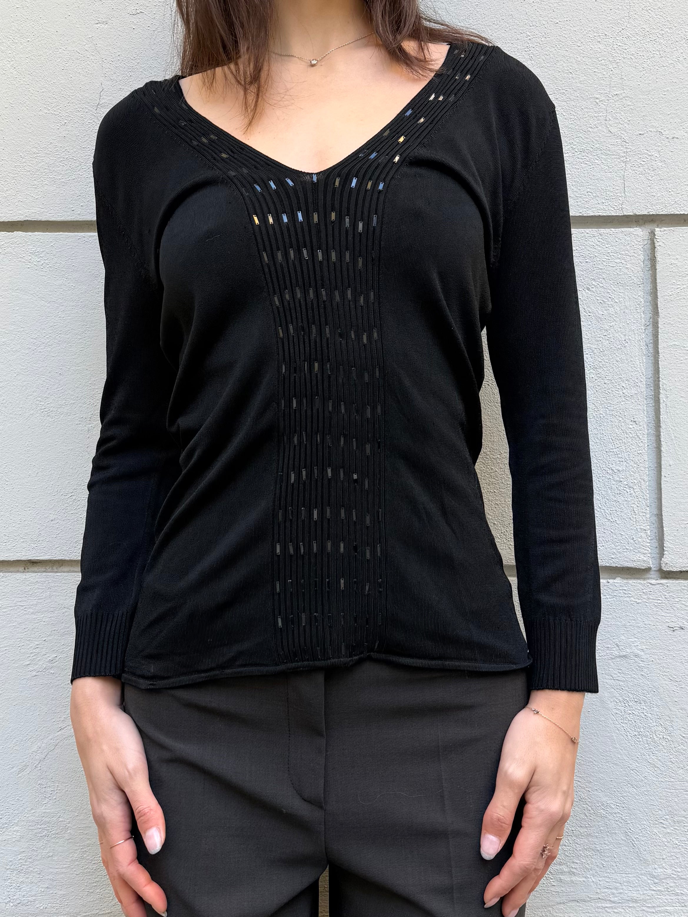 Vintage Black Sequin V-Neck Long Sleeve Top M