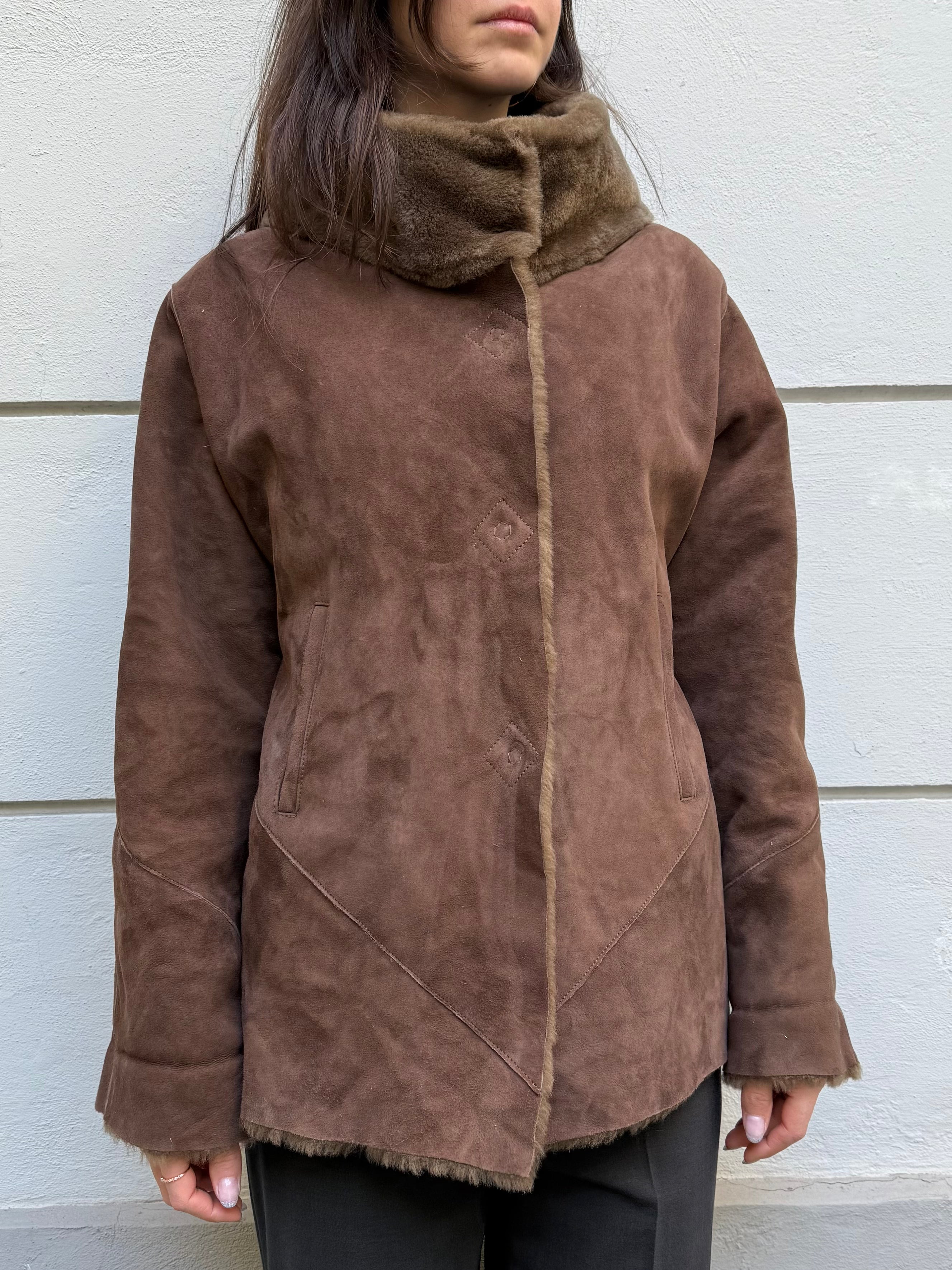 Vintage 100% Real Lamb Shearling Taupe High Neck Coat M