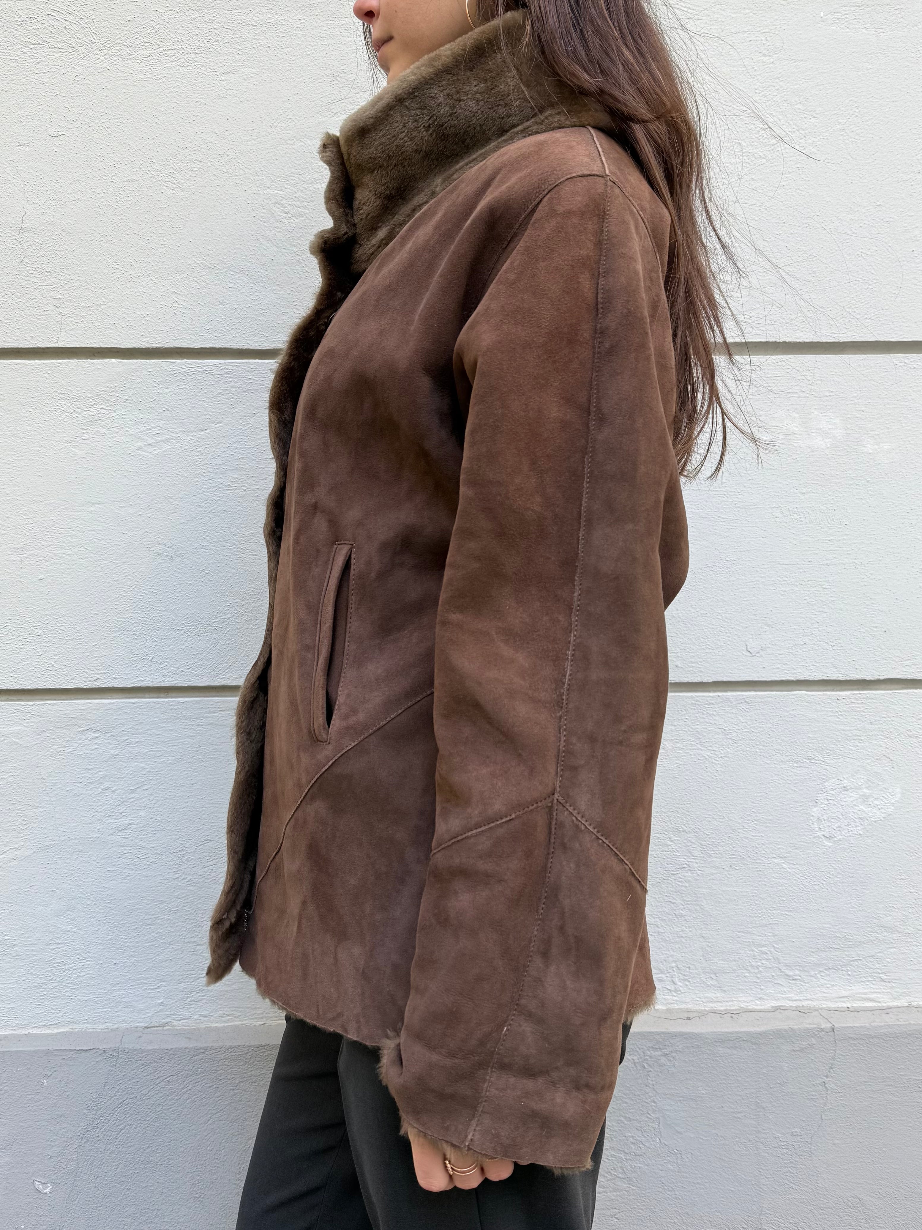 Vintage 100% Real Lamb Shearling Taupe High Neck Coat M