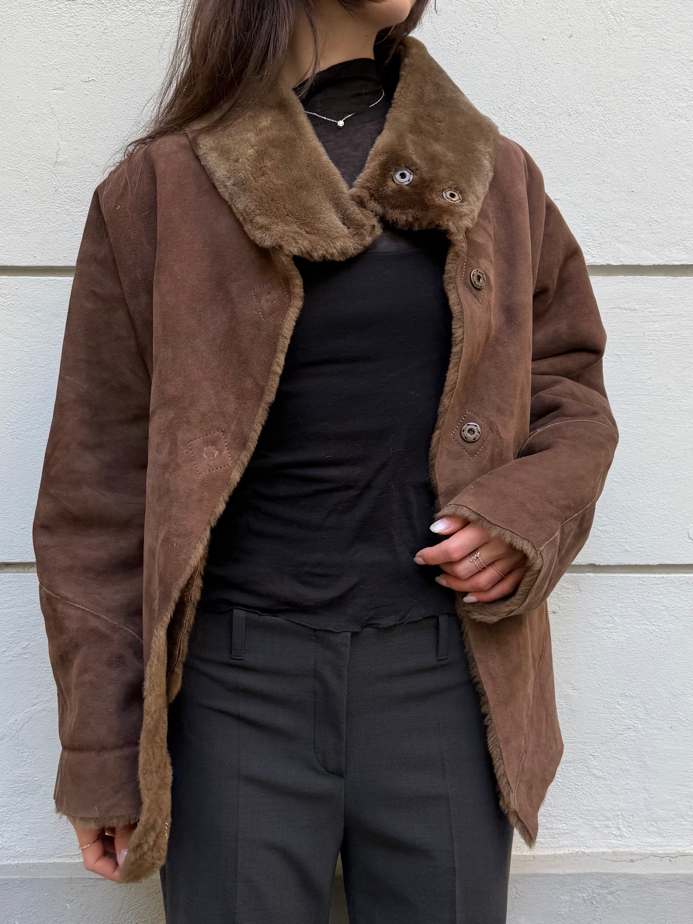 Vintage 100% Real Lamb Shearling Taupe High Neck Coat M