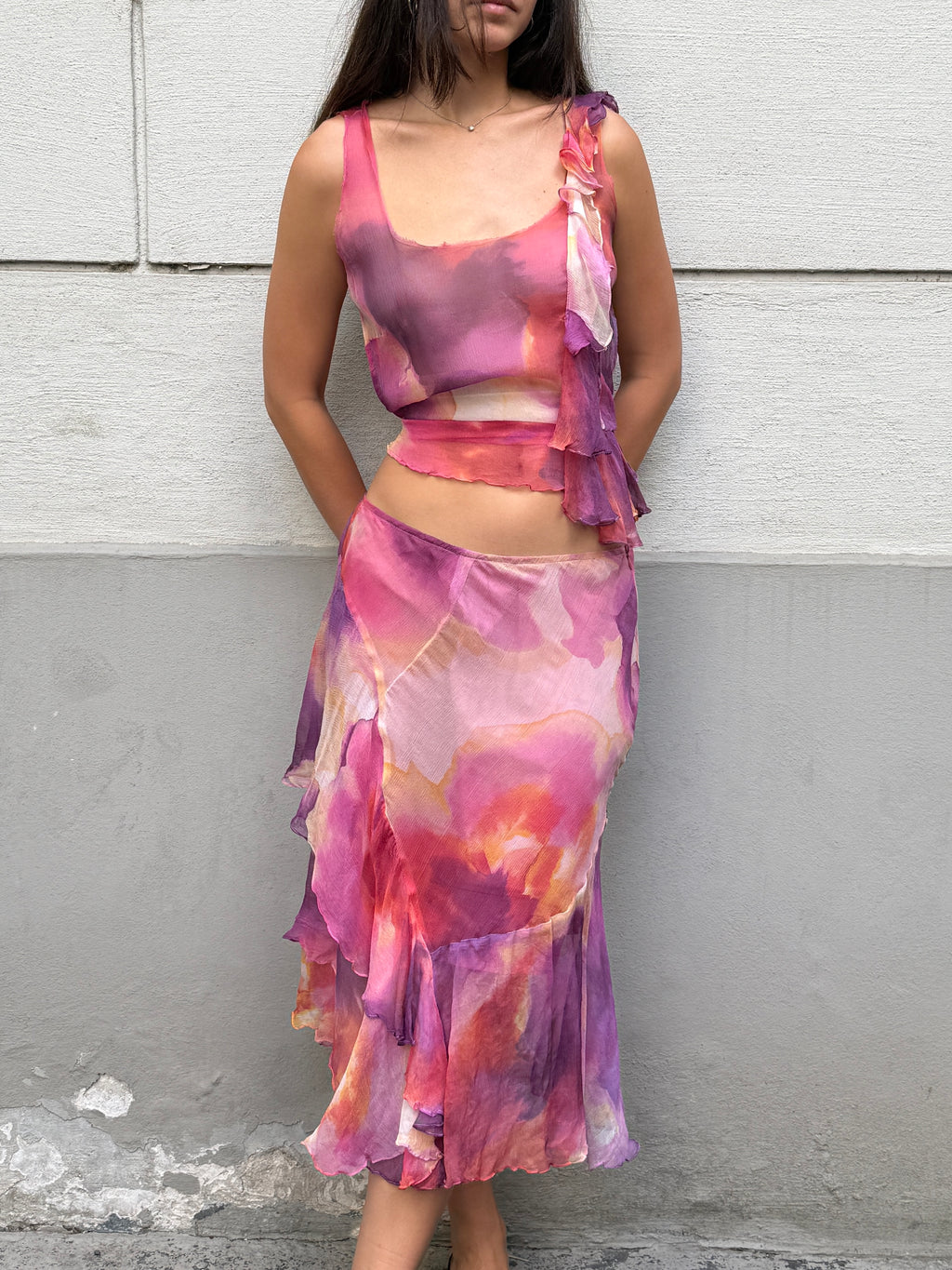 Vintage 100% Silk Pink Chiffon 2-Piece Top & Skirt Set S/M