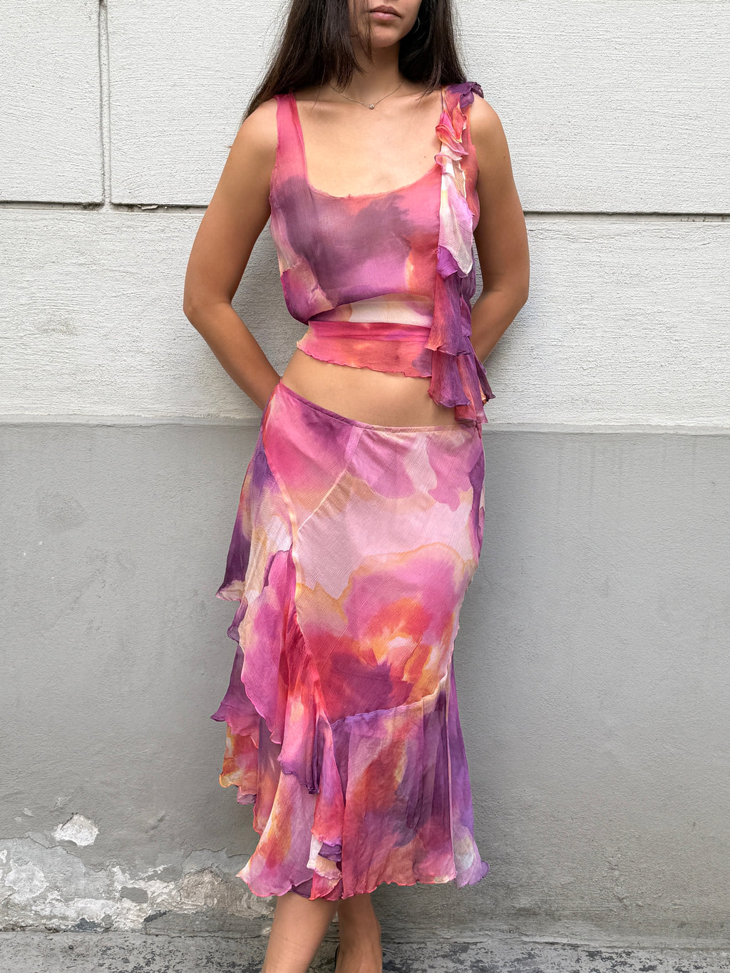 Vintage 100% Silk Pink Chiffon 2-Piece Top & Skirt Set S/M