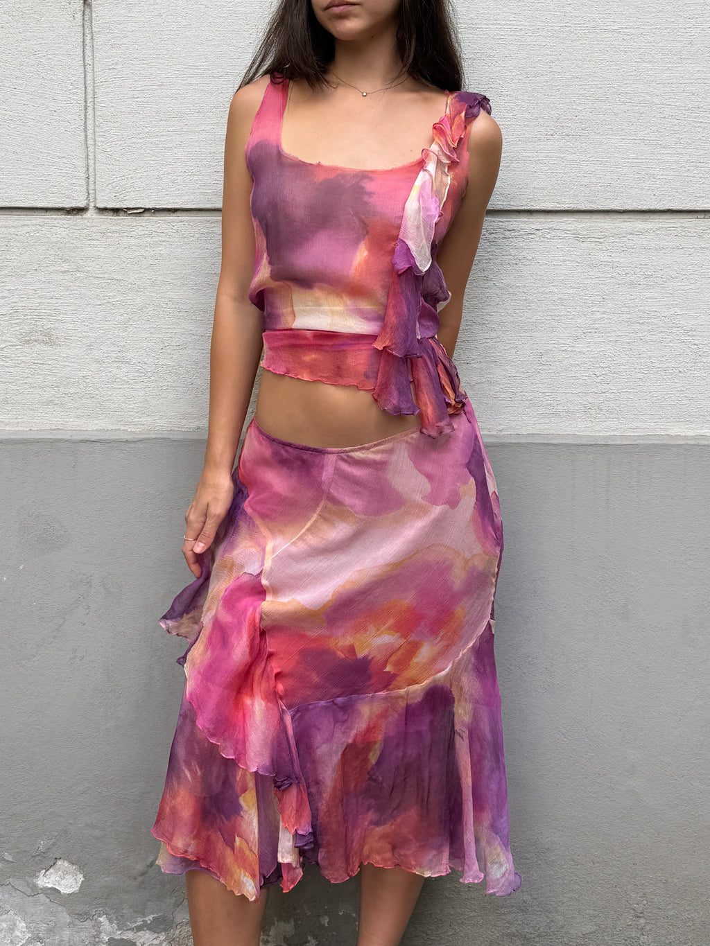 Vintage 100% Silk Pink Chiffon 2-Piece Top & Skirt Set S/M