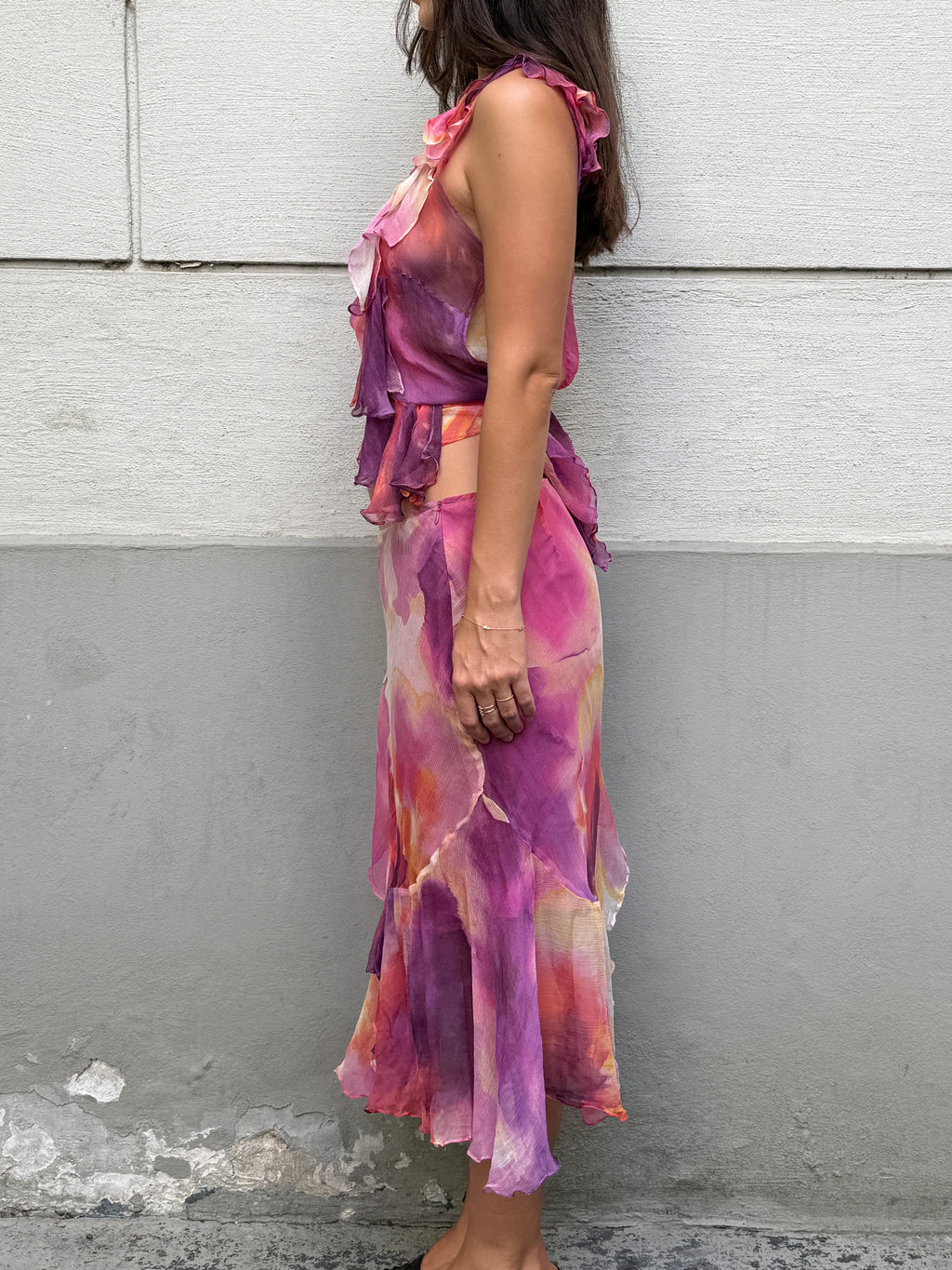 Vintage 100% Silk Pink Chiffon 2-Piece Top & Skirt Set S/M