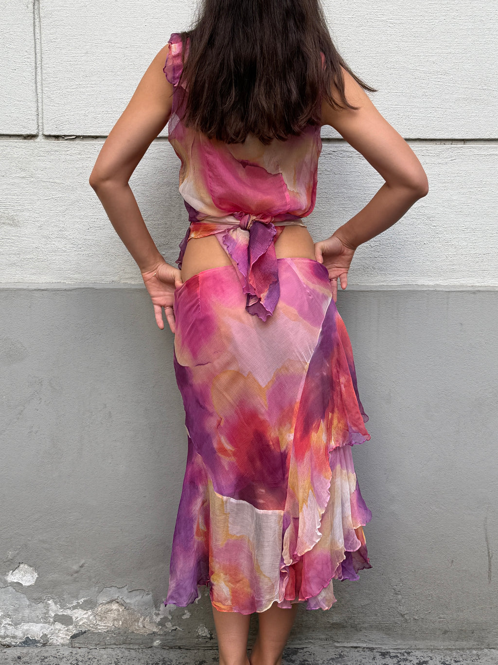 Vintage 100% Silk Pink Chiffon 2-Piece Top & Skirt Set S/M