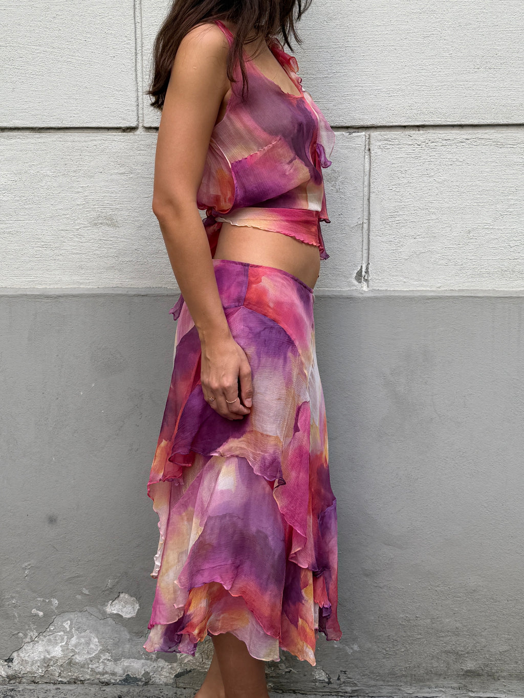 Vintage 100% Silk Pink Chiffon 2-Piece Top & Skirt Set S/M