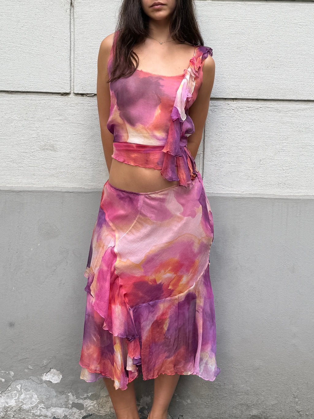 Vintage 100% Silk Pink Chiffon 2-Piece Top & Skirt Set S/M
