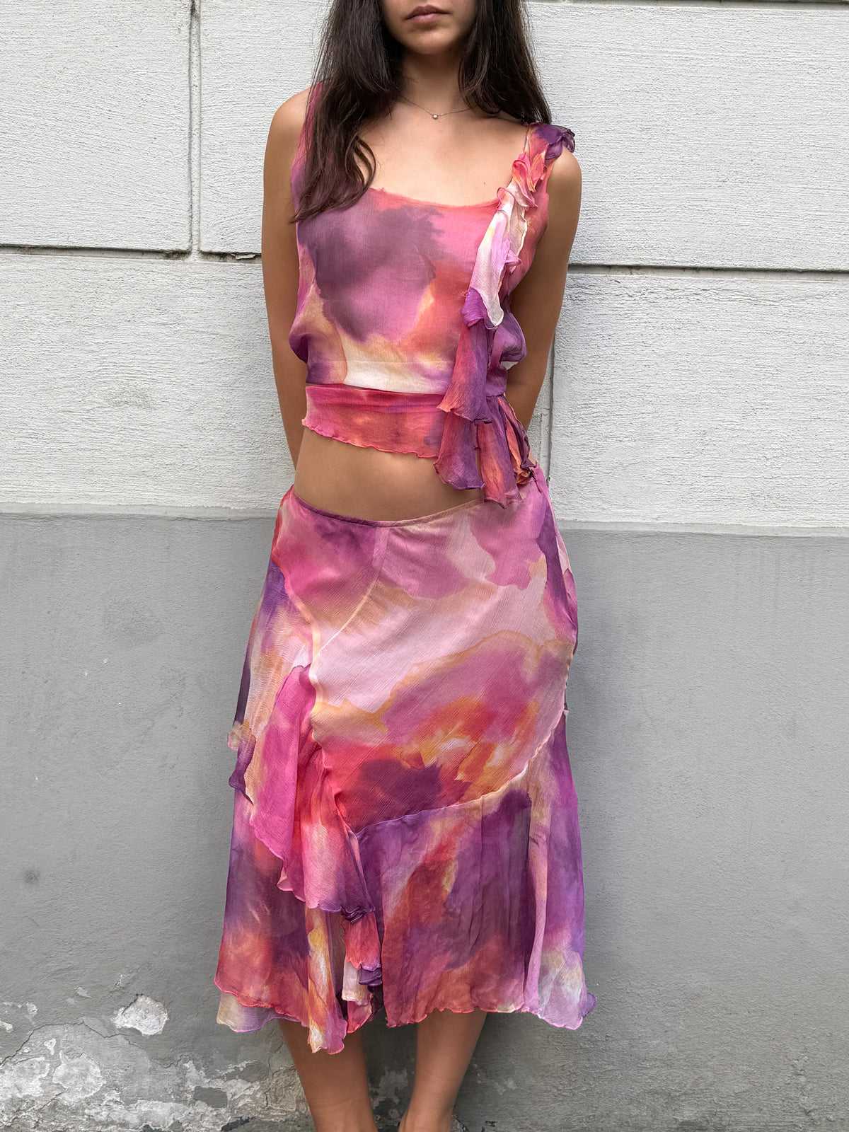 Vintage 100% Silk Pink Chiffon 2-Piece Top & Skirt Set S/M