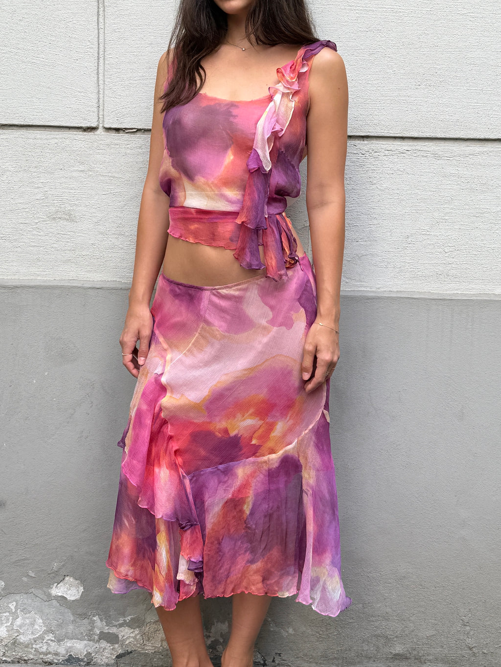 Vintage 100% Silk Pink Chiffon 2-Piece Top & Skirt Set S/M