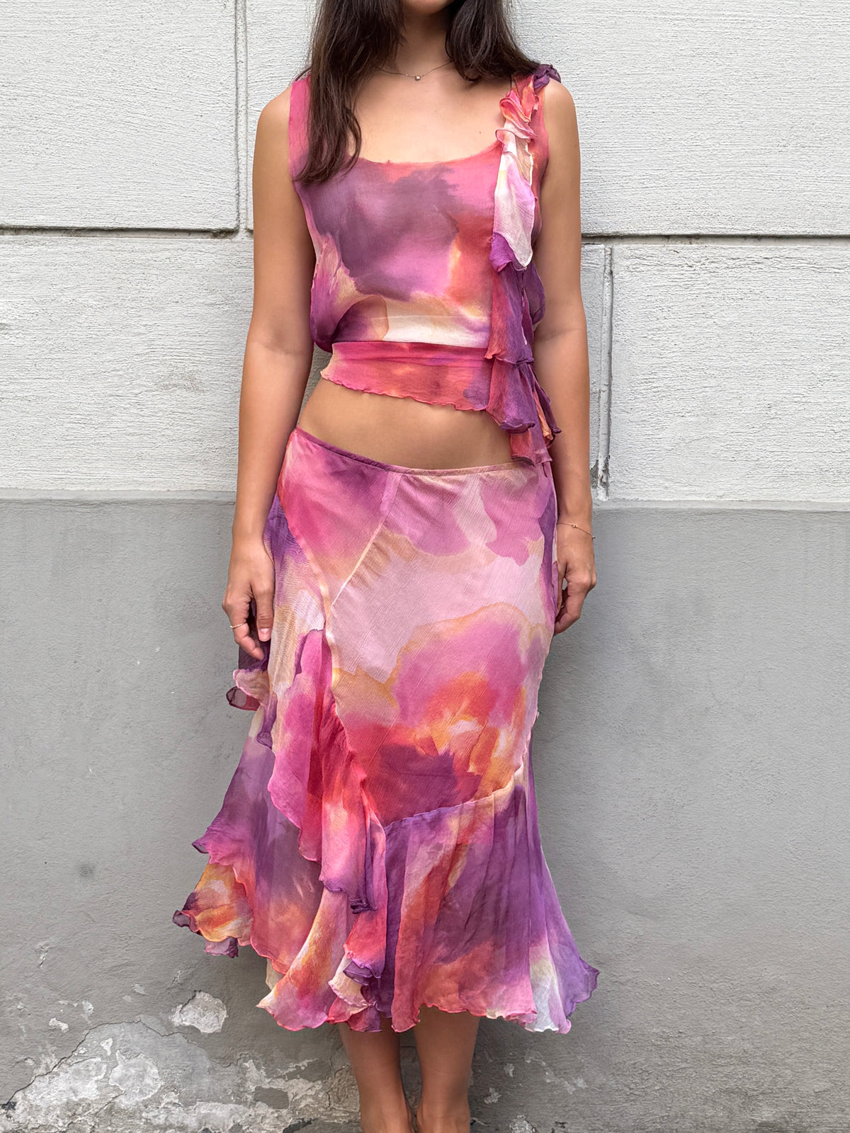 Vintage 100% Silk Pink Chiffon 2-Piece Top & Skirt Set S/M