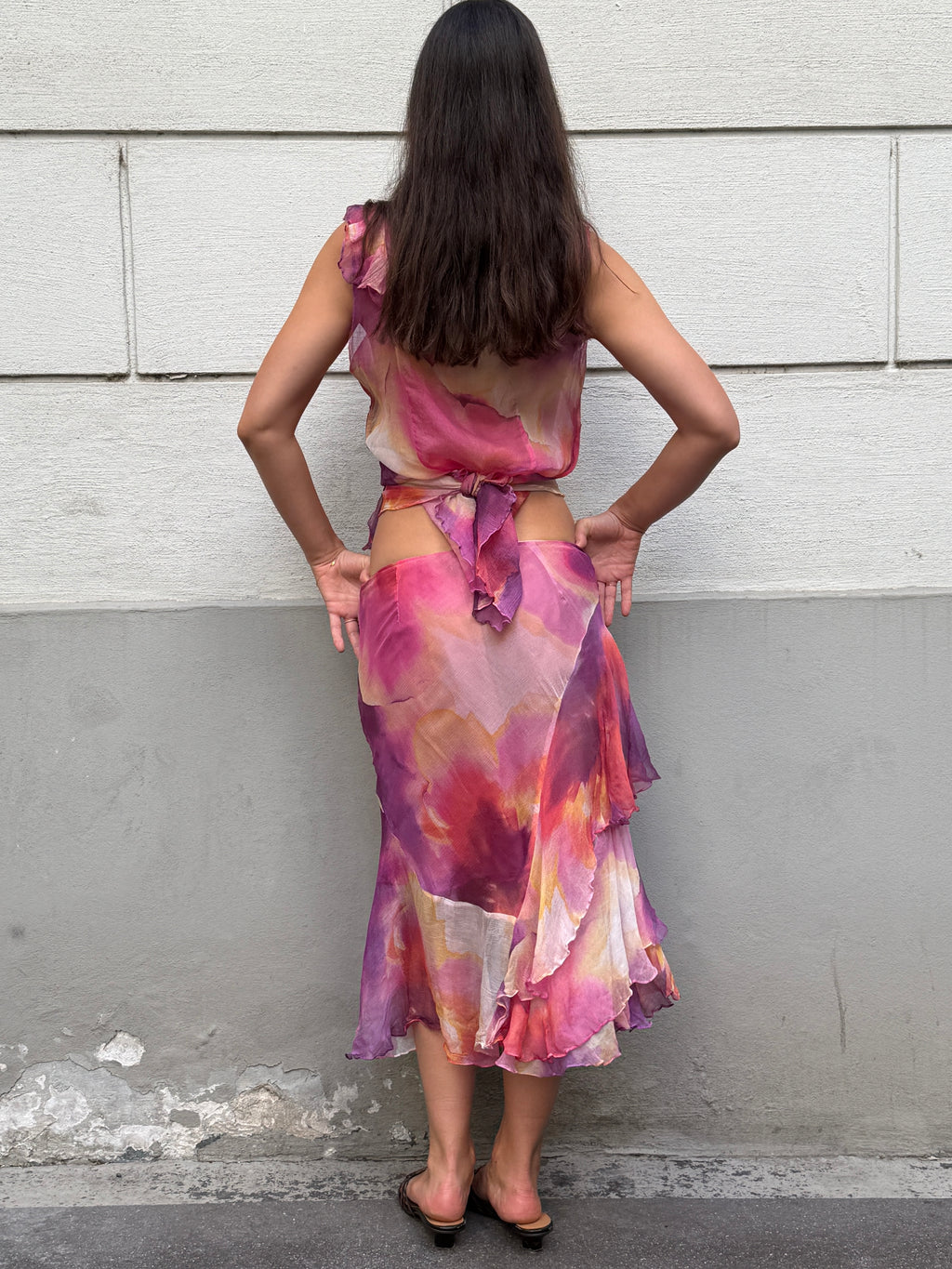 Vintage 100% Silk Pink Chiffon 2-Piece Top & Skirt Set S/M