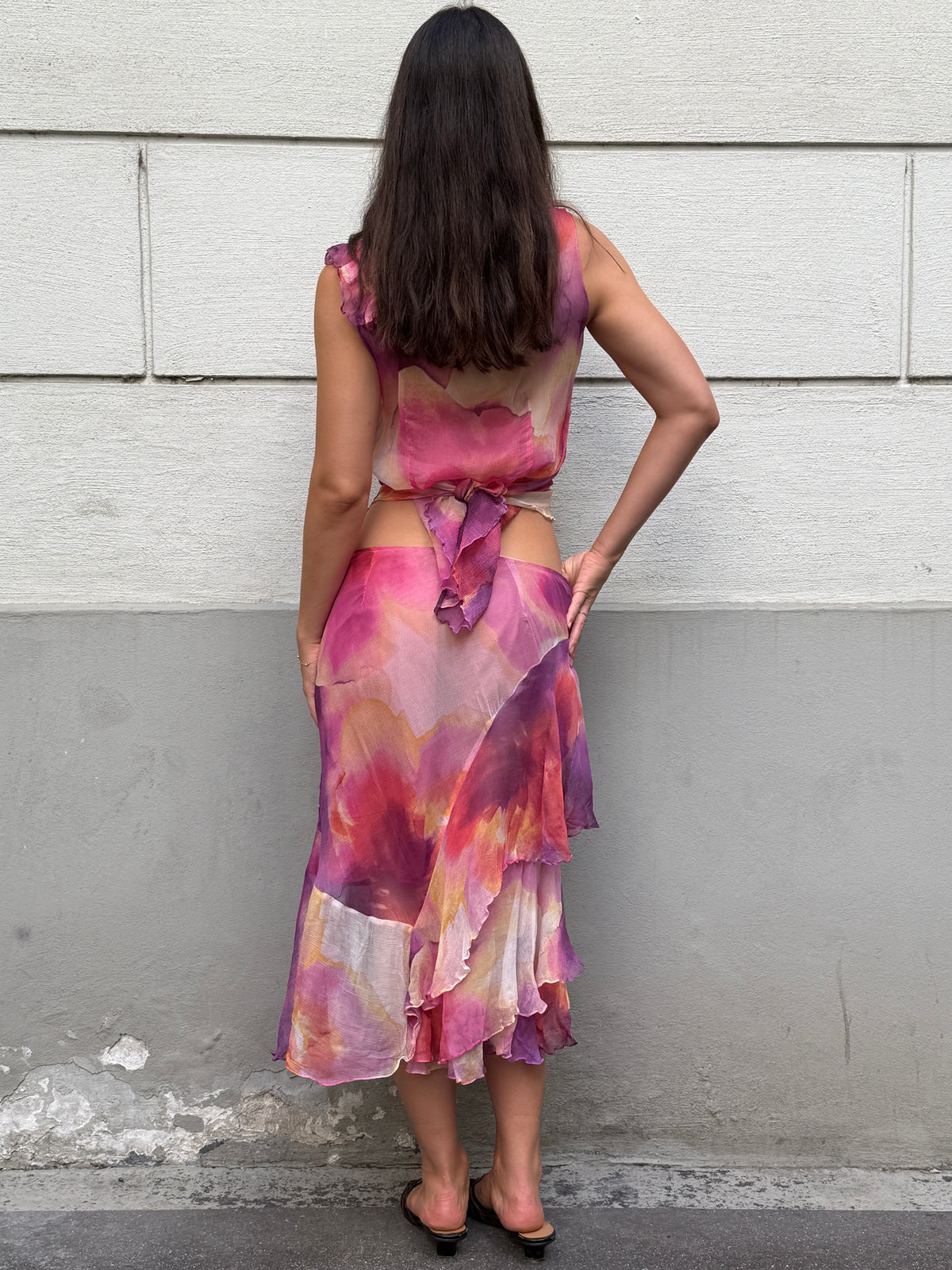 Vintage 100% Silk Pink Chiffon 2-Piece Top & Skirt Set S/M